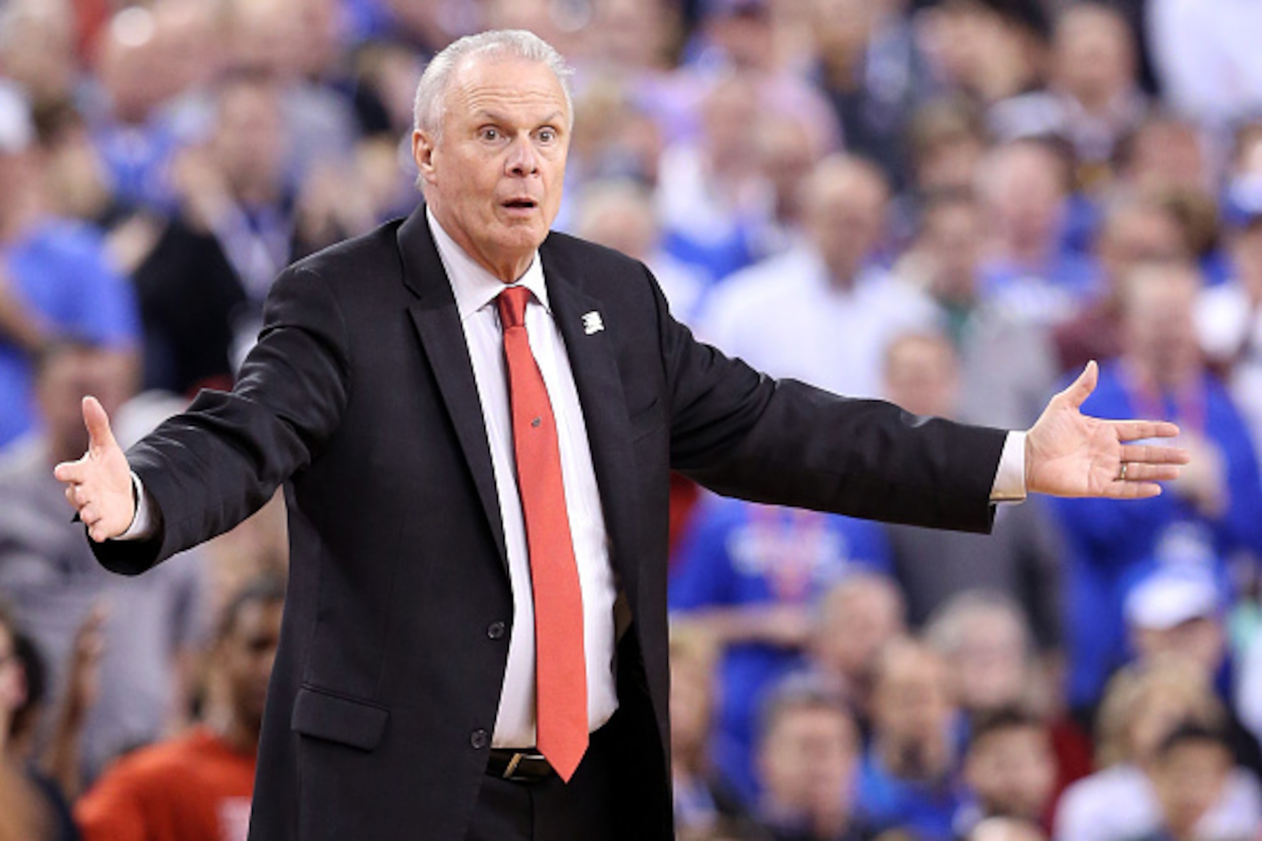 INDIANAPOLIS, IN - APRIL 04:  Head coach Bo Ryan of the Wisconsin Badgers reacts in the second half against the Kentucky Wildcats during the NCAA Men's Final Four Semifinal at Lucas Oil Stadium on April 4, 2015 in Indianapolis, Indiana.  (Photo by Andy Ly