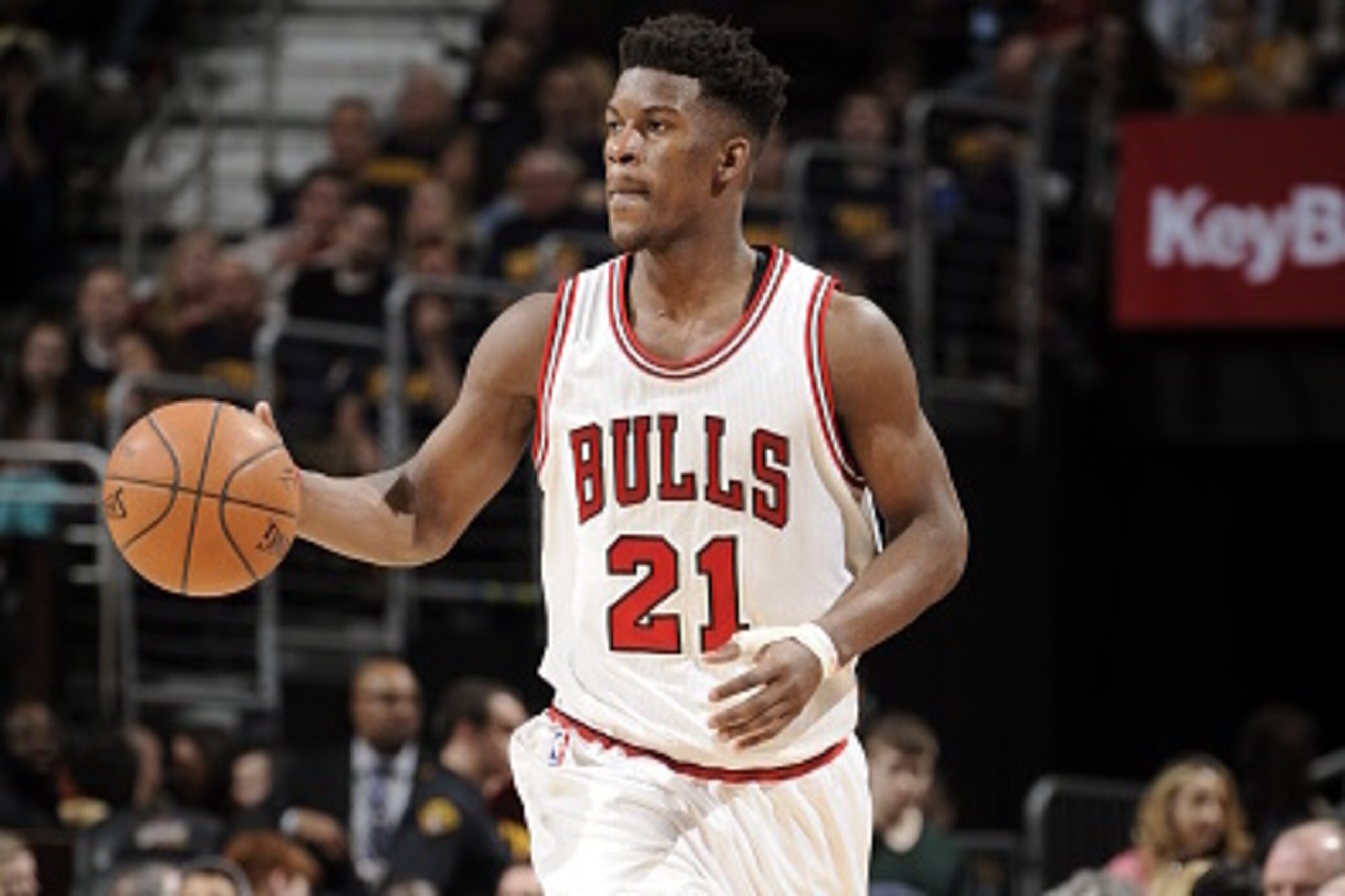 CLEVELAND, OH - APRIL 5:  Jimmy Butler #21 of the Chicago Bulls handles the ball against the Cleveland Cavaliers on April 5, 2015 at Quicken Loans Arena in Cleveland, Ohio. NOTE TO USER: User expressly acknowledges and agrees that, by downloading and/or u