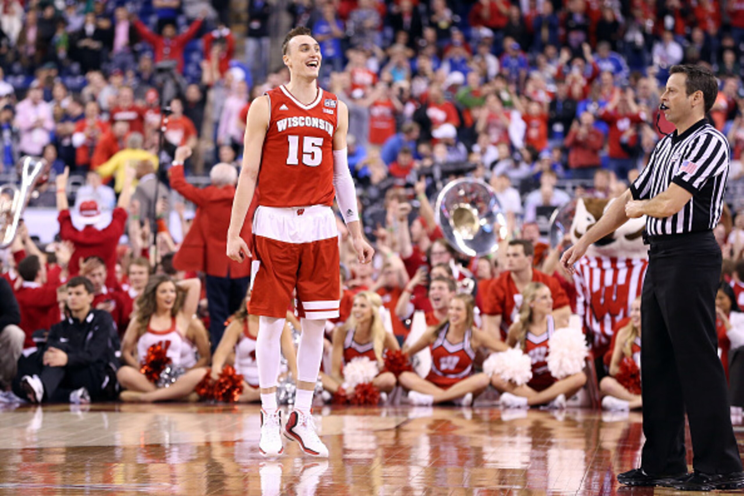 INDIANAPOLIS, IN - APRIL 04: Sam Dekker #15 of the Wisconsin Badgers reacts late in the game against the Kentucky Wildcats during the NCAA Men's Final Four Semifinal at Lucas Oil Stadium on April 4, 2015 in Indianapolis, Indiana. (Photo by Andy Lyons/Get INDIANAPOLIS, IN - APRIL 04: Sam Dekker #15 of the Wisconsin Badgers reacts late in the game against the Kentucky Wildcats during the NCAA Men's Final Four Semifinal at Lucas Oil Stadium on April 4, 2015 in Indianapolis, Indiana. (Photo by Andy Lyons/Get