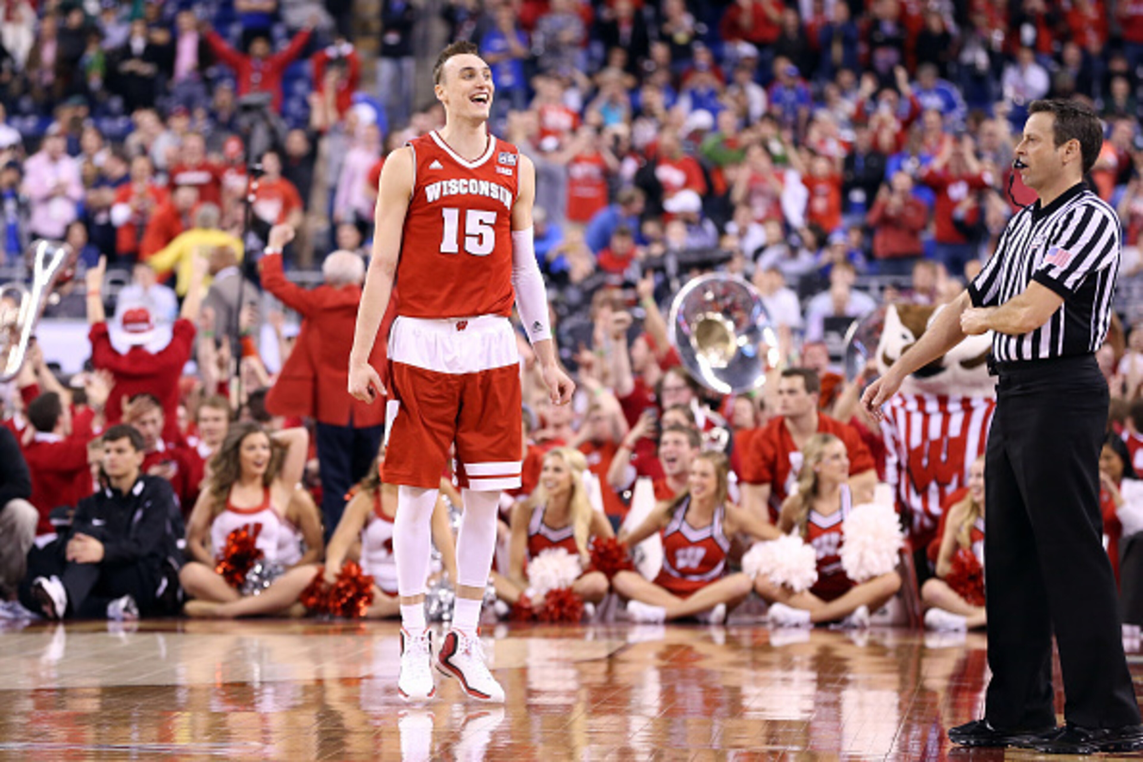 INDIANAPOLIS, IN - APRIL 04: Sam Dekker #15 of the Wisconsin Badgers reacts late in the game against the Kentucky Wildcats during the NCAA Men's Final Four Semifinal at Lucas Oil Stadium on April 4, 2015 in Indianapolis, Indiana.  (Photo by Andy Lyons/Get