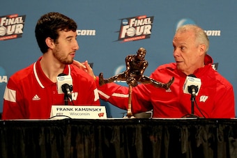 INDIANAPOLIS, IN - APRIL 03:  (L-R) Frank Kaminsky of the Wisconsin Badgers and his head coach Bo Ryan address the media after Kaminsky wins the Oscar Robertson National Player of the Year Award given by the USBWA leading up to the 2015 Final Four at Luca