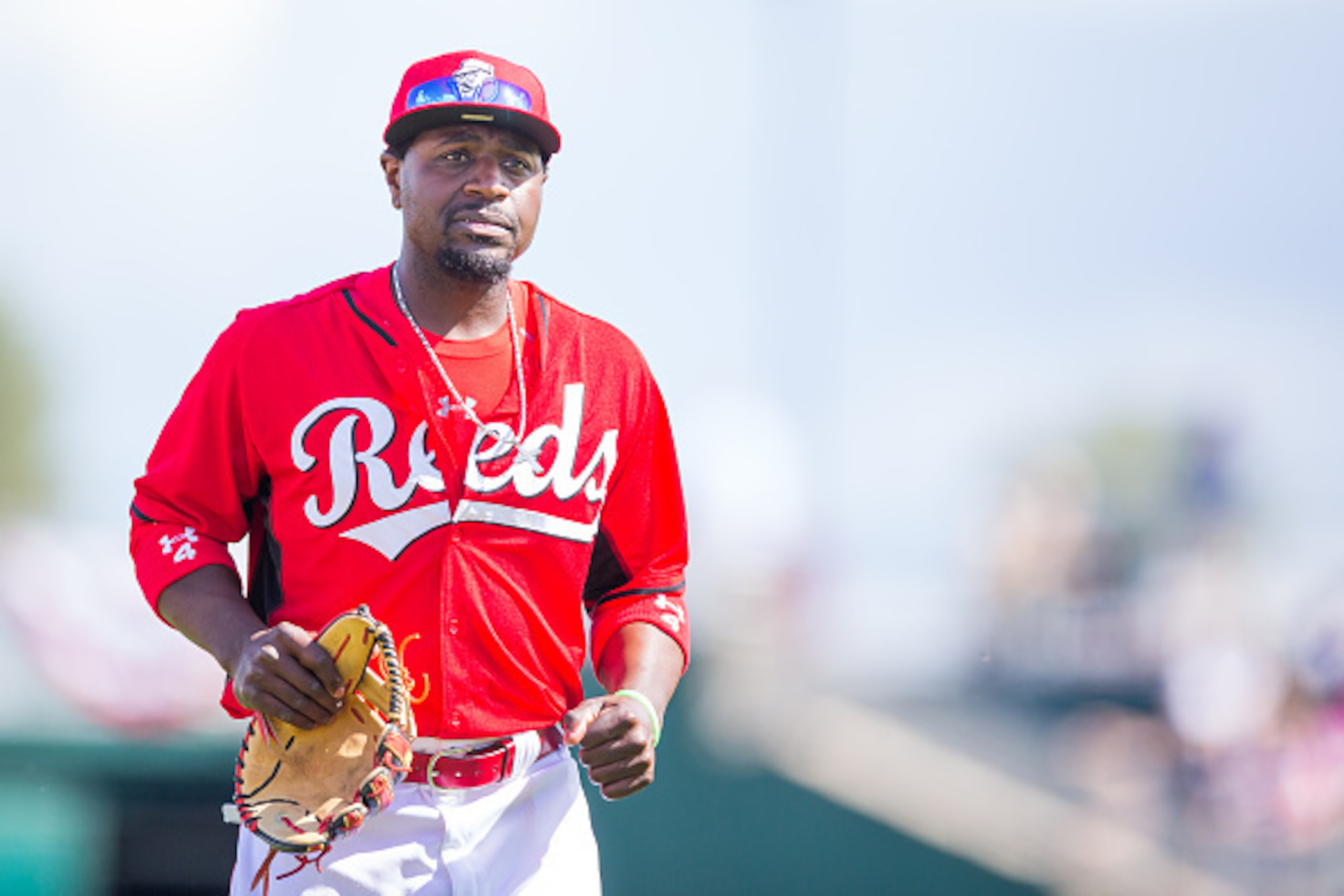 GOODYEAR, AZ - MARCH 3: Brandon Phillips #4 of the Cincinnati Reds looks on during a spring training game against the Cleveland Indians at Goodyear Ballpark on March 3, 2015 in Goodyear, Arizona. (Photo by Rob Tringali/Getty Images)