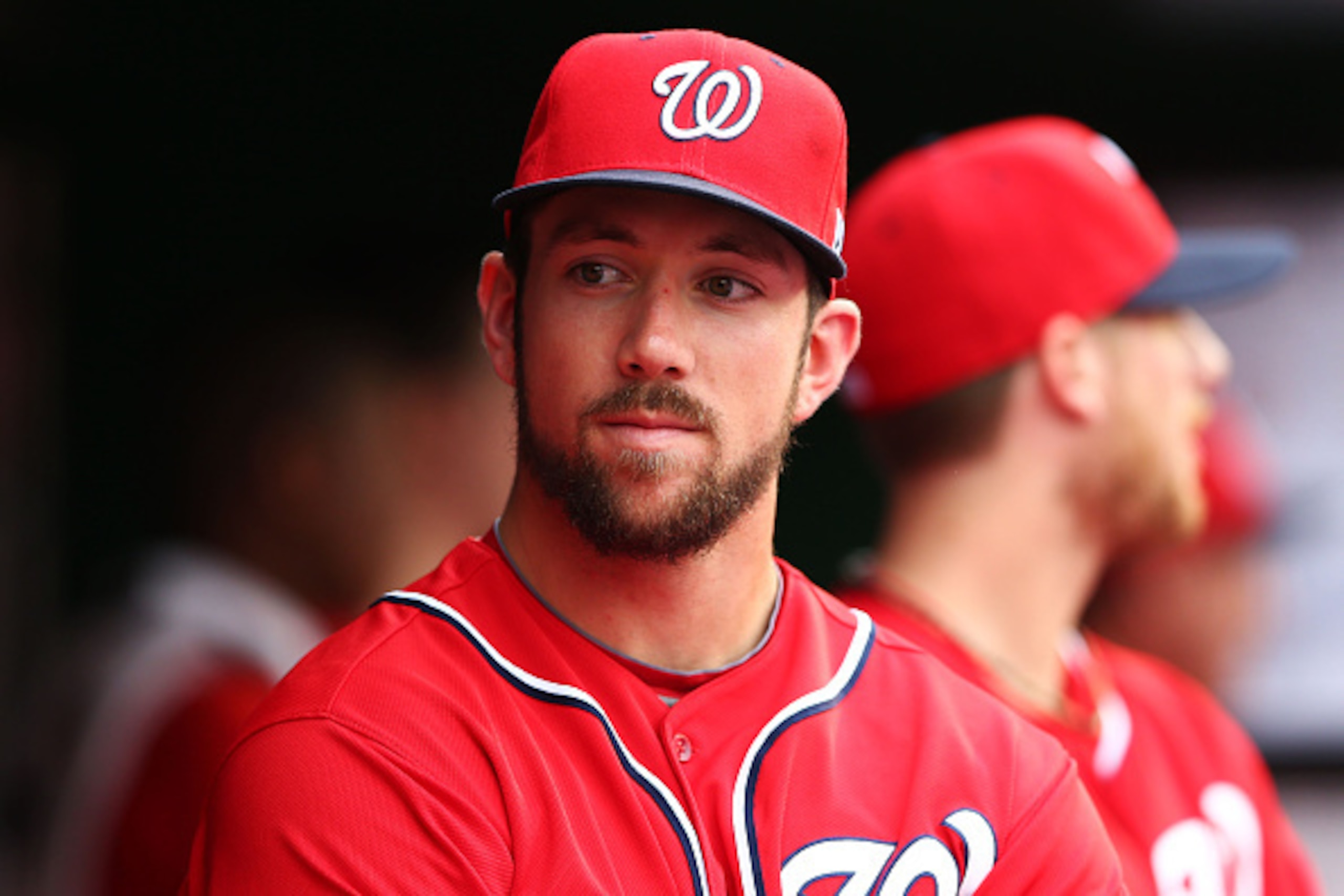 WASHINGTON, DC - OCTOBER 03:  Steven Souza Jr. #21 of the Washington Nationals looks on from the dugout prior to Game One of the National League Division Series against the San Francisco Giants at Nationals Park on October 3, 2014 in Washington, DC.  (Pho
