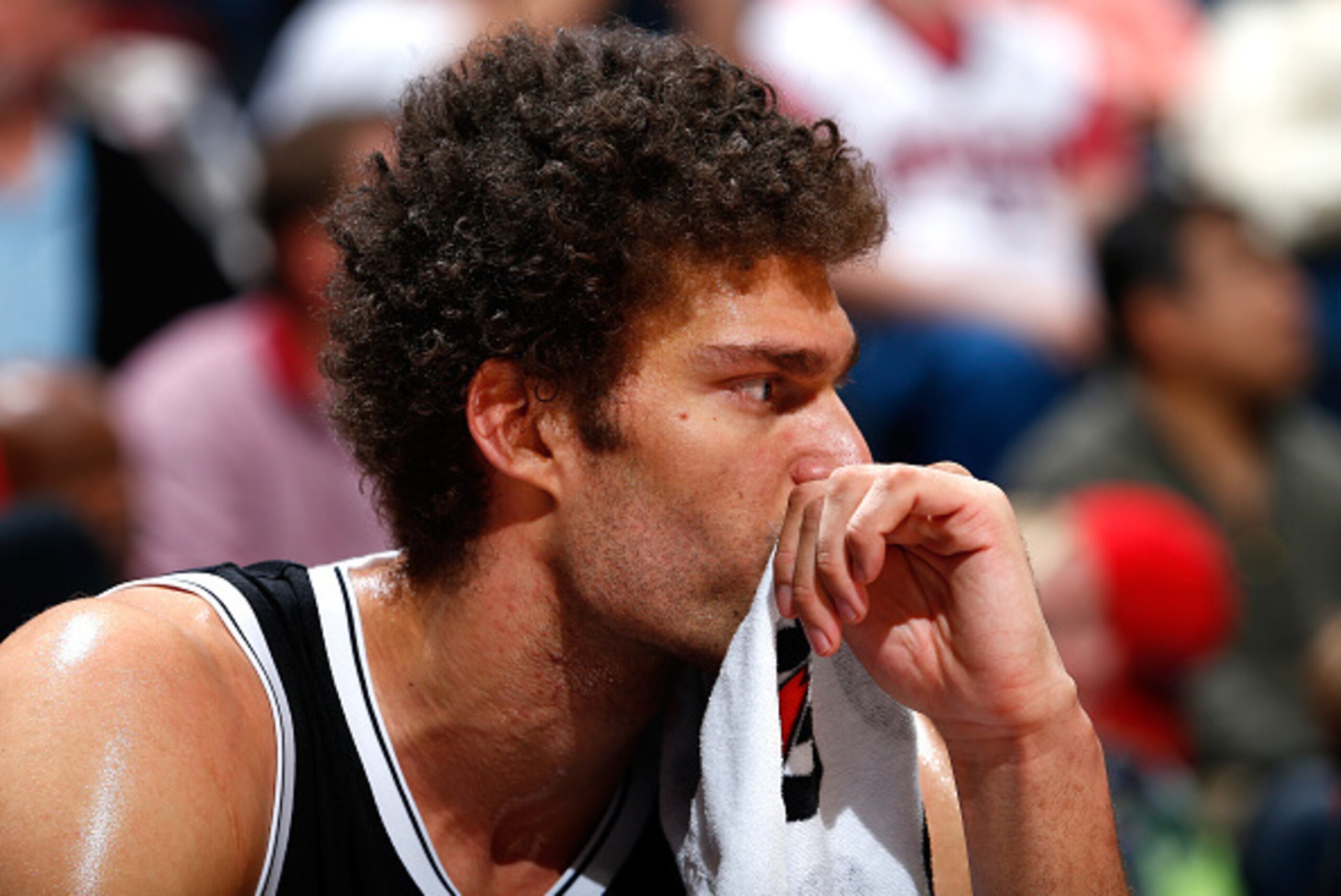ATLANTA, GA - APRIL 04: Brook Lopez #11 of the Brooklyn Nets looks on from the bench during the game against the Atlanta Hawks at Philips Arena on April 4, 2015 in Atlanta, Georgia. NOTE TO USER: User expressly acknowledges and agrees that, by downloadi ATLANTA, GA - APRIL 04: Brook Lopez #11 of the Brooklyn Nets looks on from the bench during the game against the Atlanta Hawks at Philips Arena on April 4, 2015 in Atlanta, Georgia. NOTE TO USER: User expressly acknowledges and agrees that, by downloadi