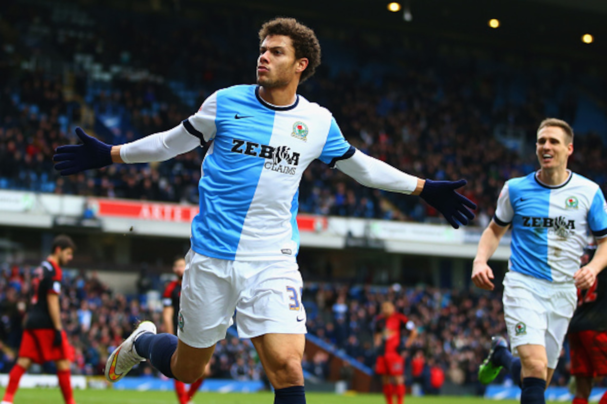 BLACKBURN, ENGLAND - JANUARY 24:  Rudy Gestede of Blackburn Rovers celebrates as he scores their second goal during the FA Cup Fourth Round match between Blackburn Rovers and Swansea City at Ewood park on January 24, 2015 in Blackburn, England.  (Photo by