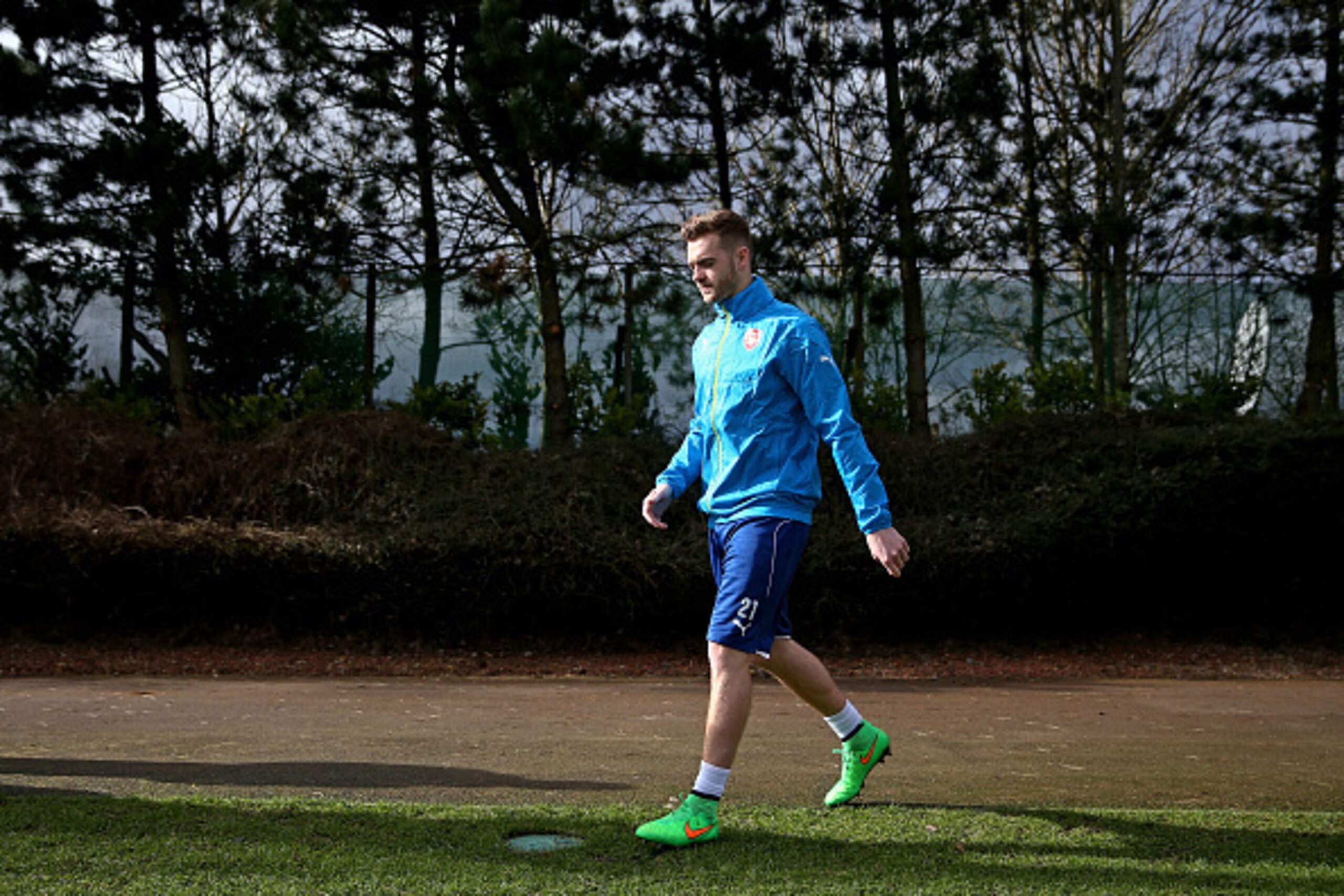 ST ALBANS, ENGLAND - FEBRUARY 24:  Calum Chambers of Arsenal arrives for the Arsenal training session ahead of the UEFA Champions League round of 16 match against AS Monaco at London Colney on February 24, 2015 in St Albans, England.  (Photo by Clive Maso