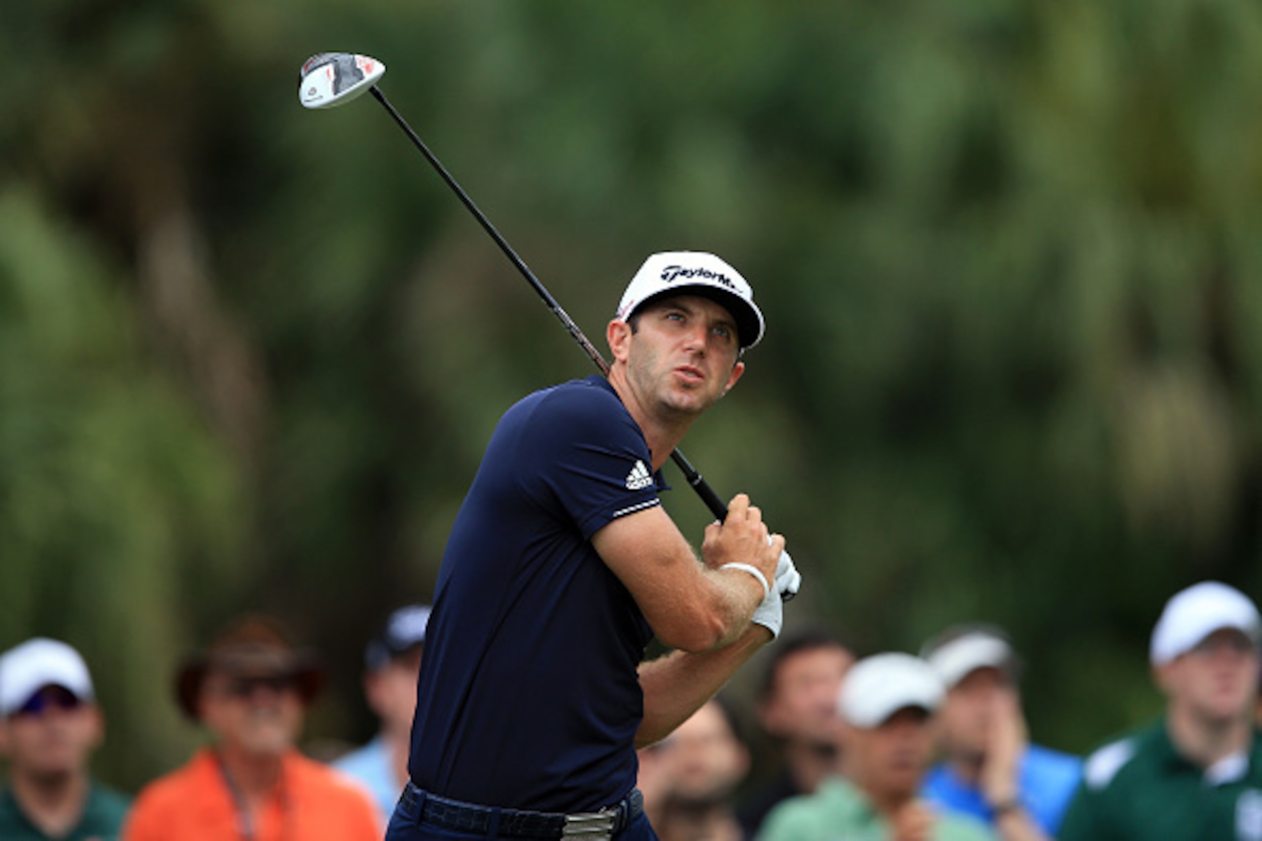 DORAL, FL - MARCH 08:  Dustin Johnson of the United States plays his tee shot on the seventh hole during the final round of the World Golf Championships-Cadillac Championship at Trump National Doral Blue Monster Course on March 8, 2015 in Doral, Florida. 