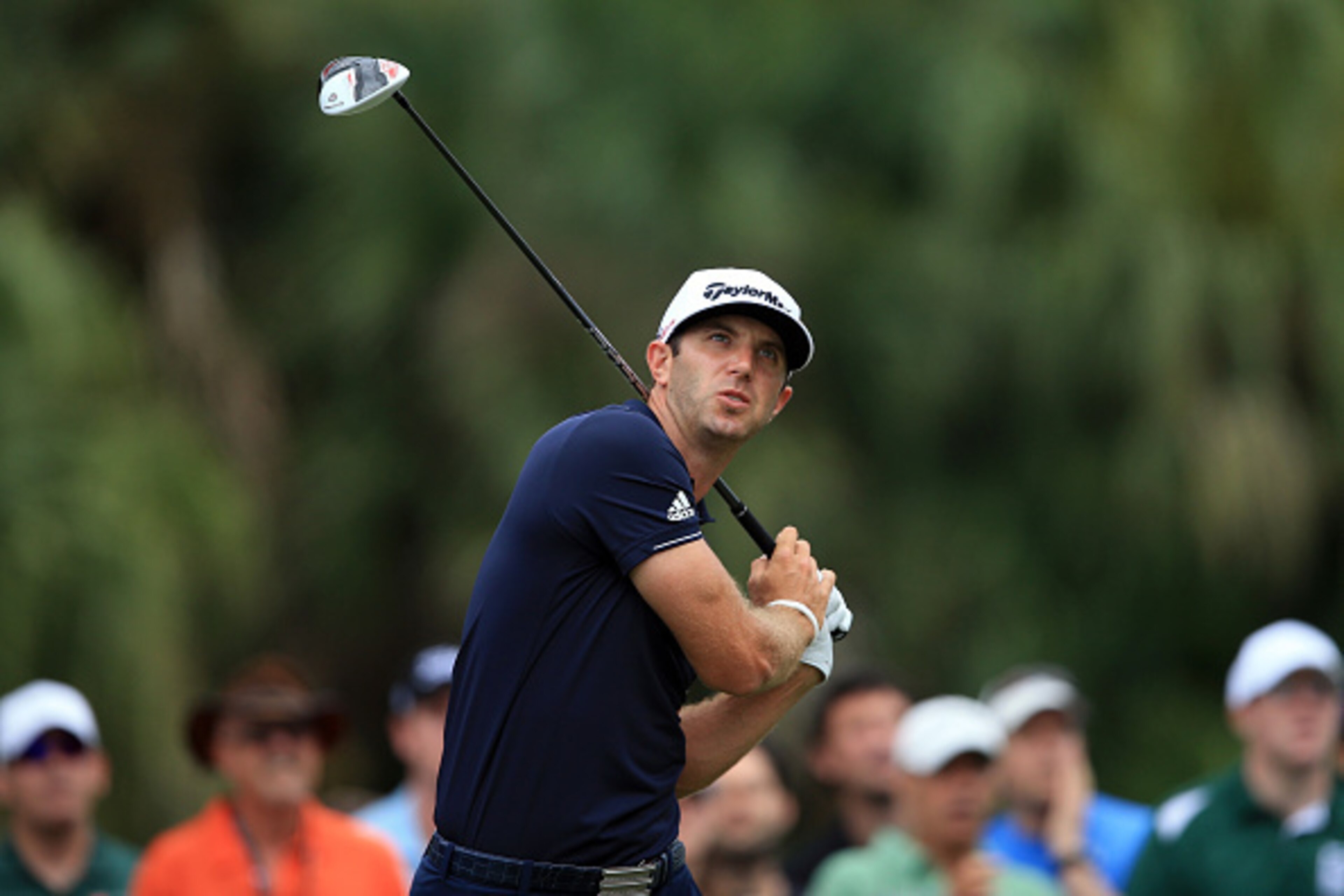 DORAL, FL - MARCH 08:  Dustin Johnson of the United States plays his tee shot on the seventh hole during the final round of the World Golf Championships-Cadillac Championship at Trump National Doral Blue Monster Course on March 8, 2015 in Doral, Florida. 