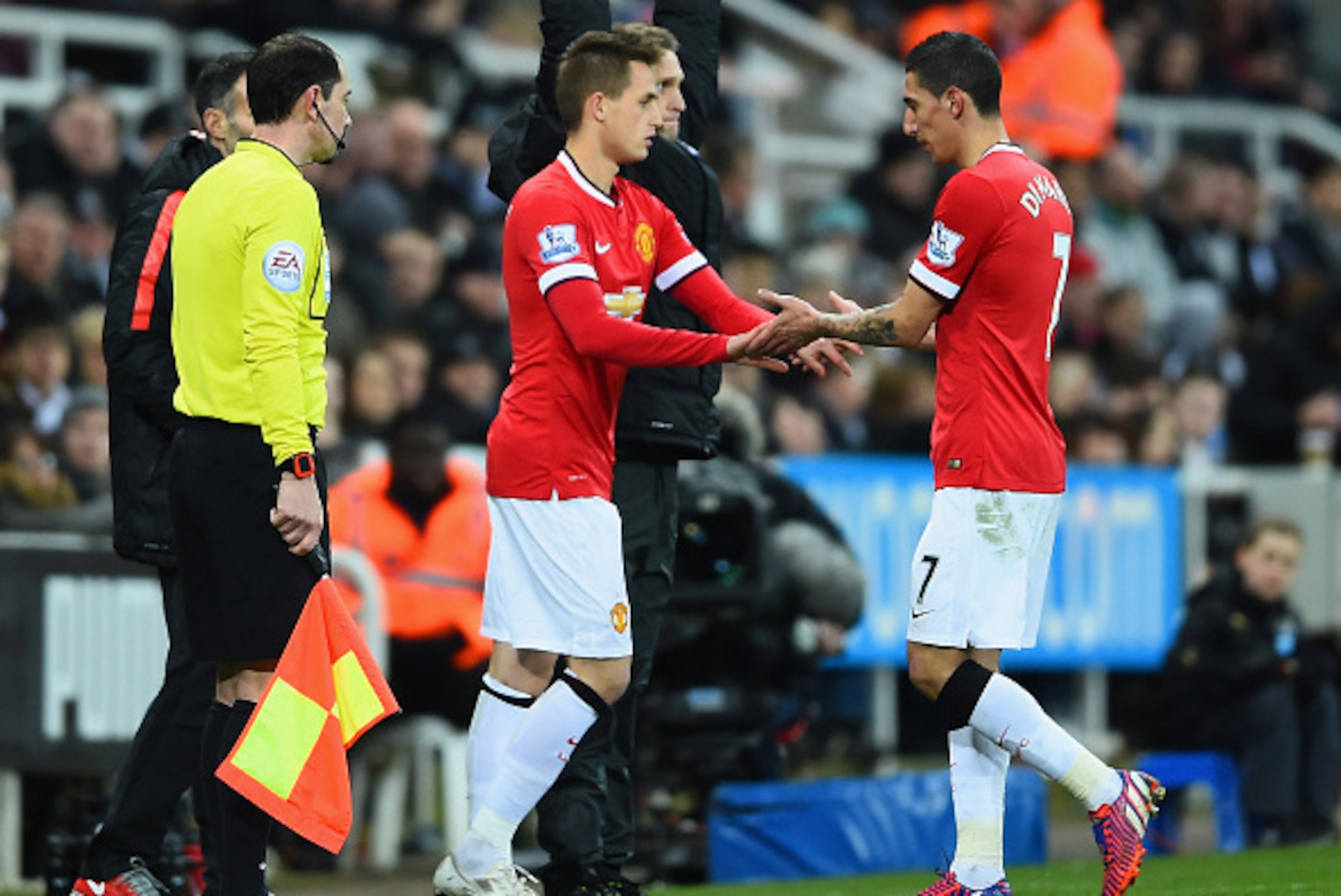 NEWCASTLE UPON TYNE, ENGLAND - MARCH 04: Adnan Januzaj of Manchester United replaces Angel di Maria of Manchester United during the Barclays Premier League match between Newcastle United and Manchester United at St James' Park on March 4, 2015 in Newcastl
