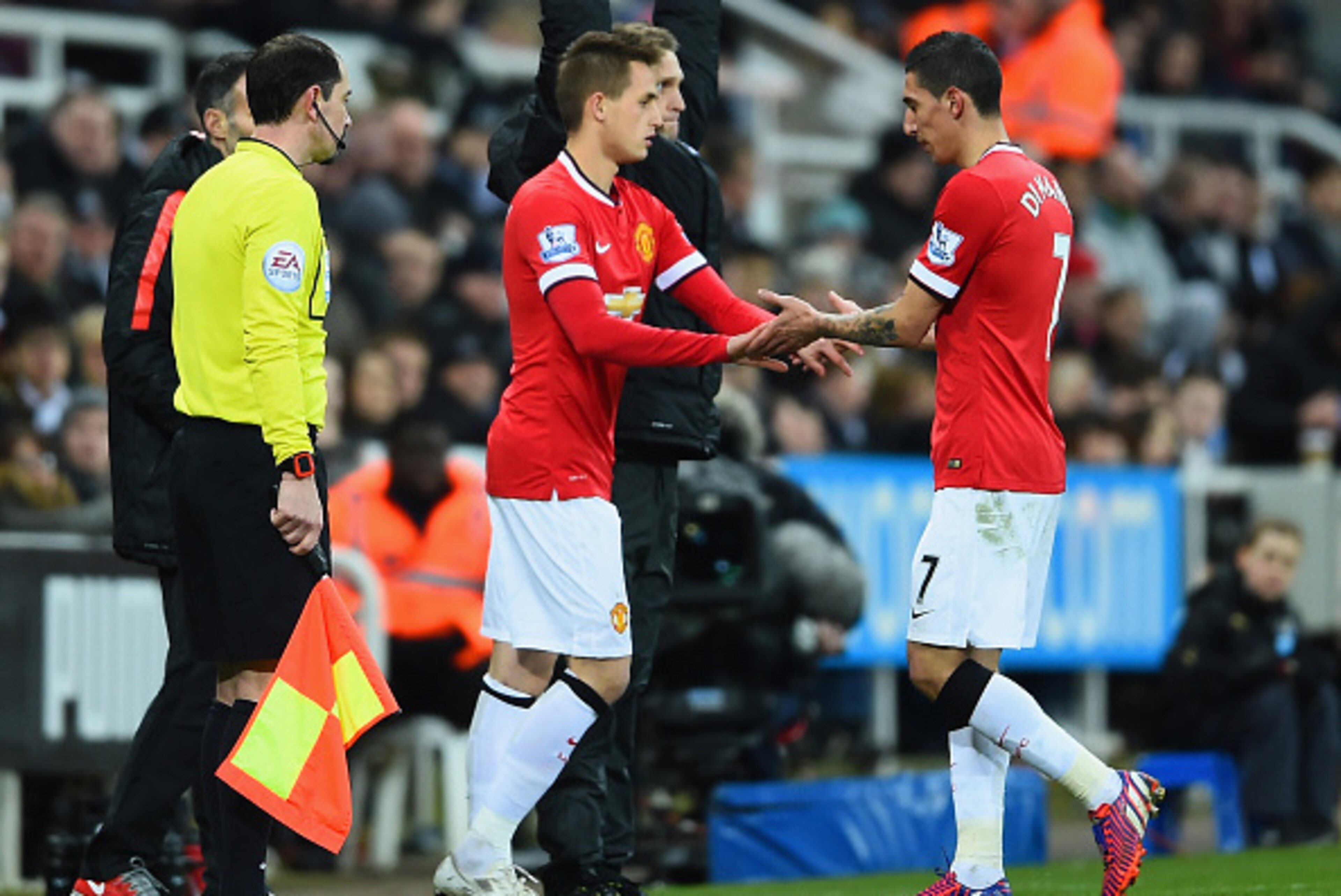 NEWCASTLE UPON TYNE, ENGLAND - MARCH 04: Adnan Januzaj of Manchester United replaces Angel di Maria of Manchester United during the Barclays Premier League match between Newcastle United and Manchester United at St James' Park on March 4, 2015 in Newcastl