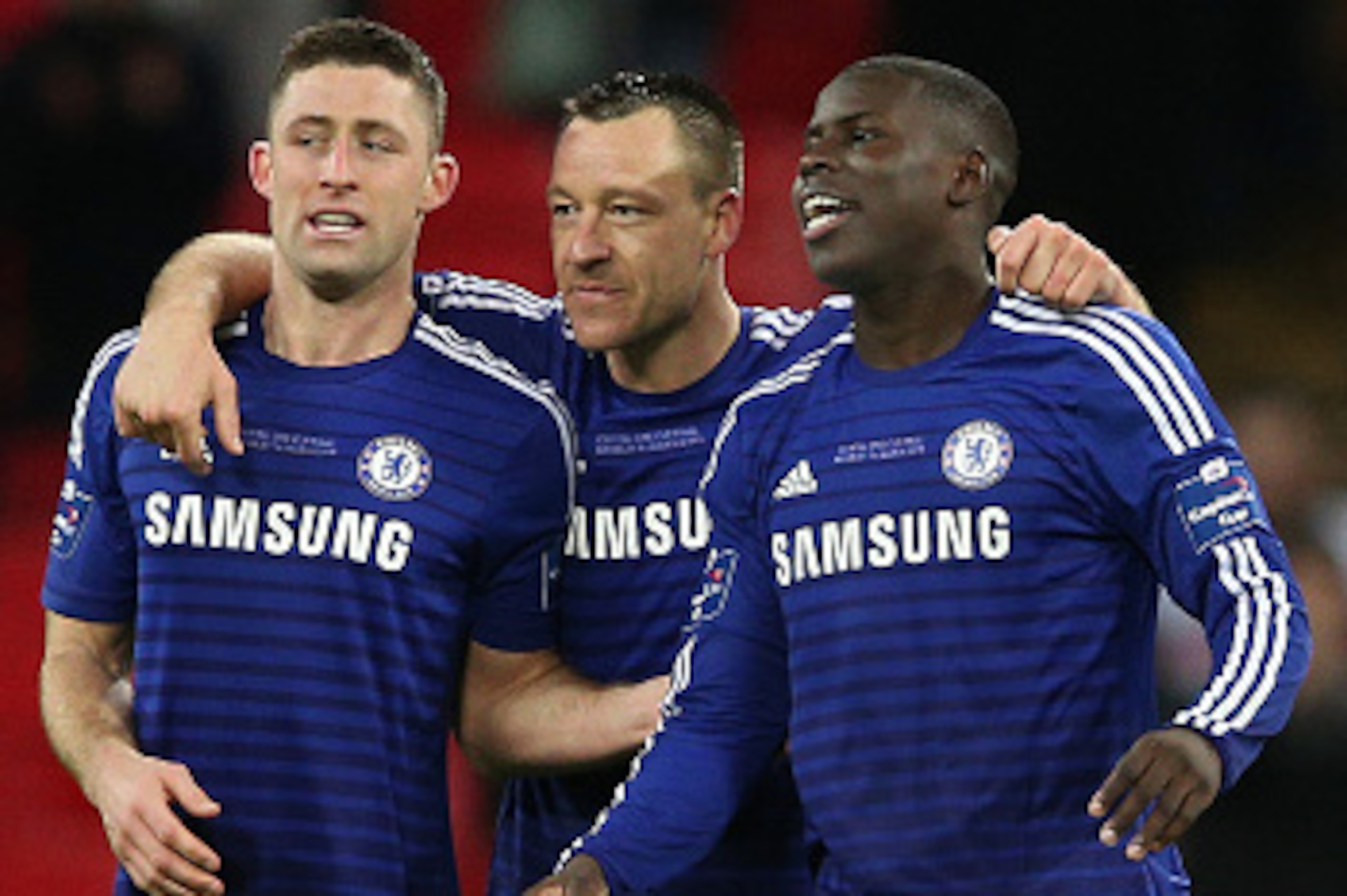 LONDON, ENGLAND - MARCH 01:  (L-R) Gary Cahill, John Terry and Kurt Zouma of Chelsea celebrate after victory in the Capital One Cup Final match between Chelsea and Tottenham Hotspur at Wembley Stadium on March 1, 2015 in London, England.  (Photo by Clive 