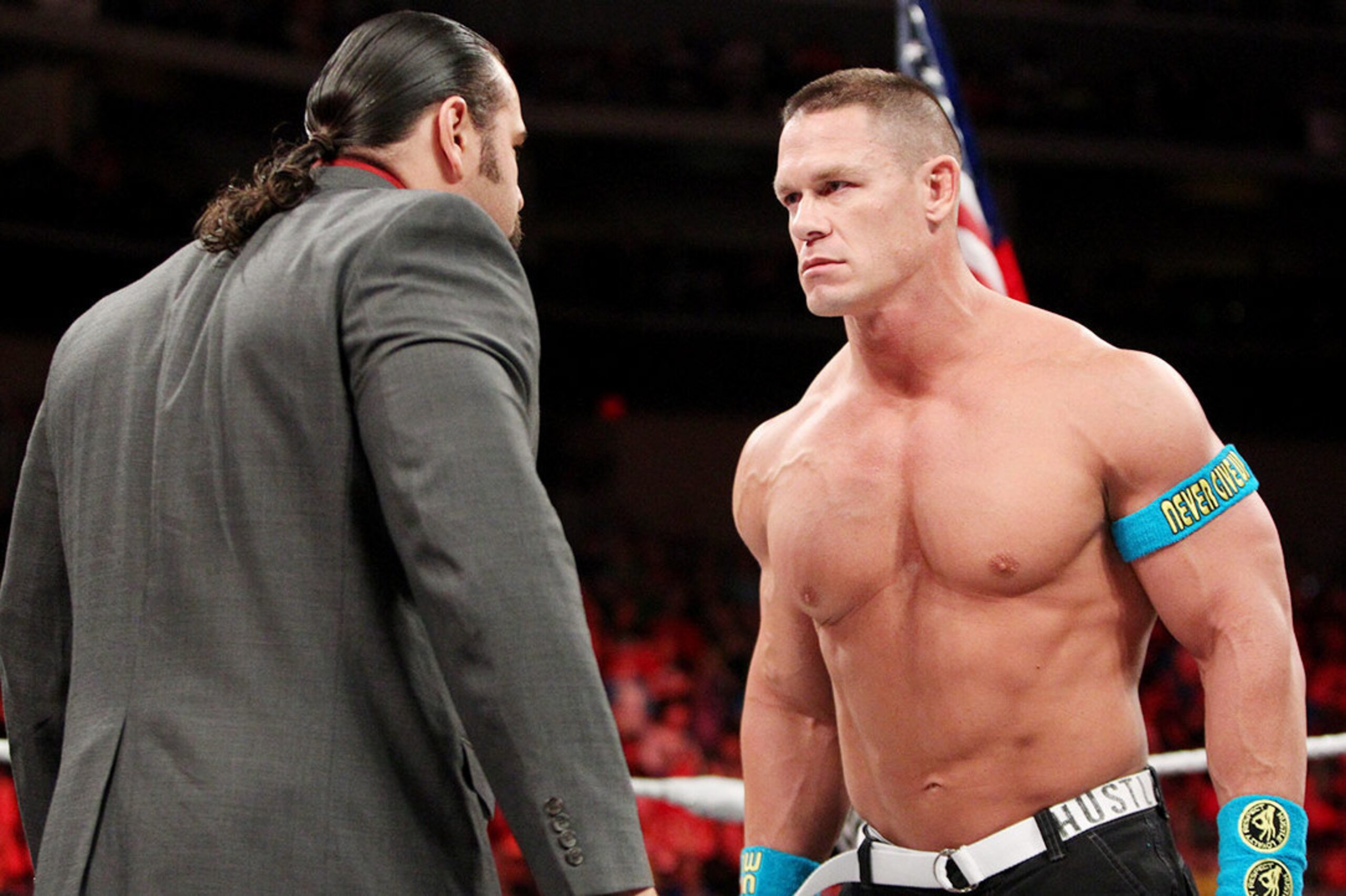 Rusev and John Cena stare each other down. Rusev and John Cena stare each other down.