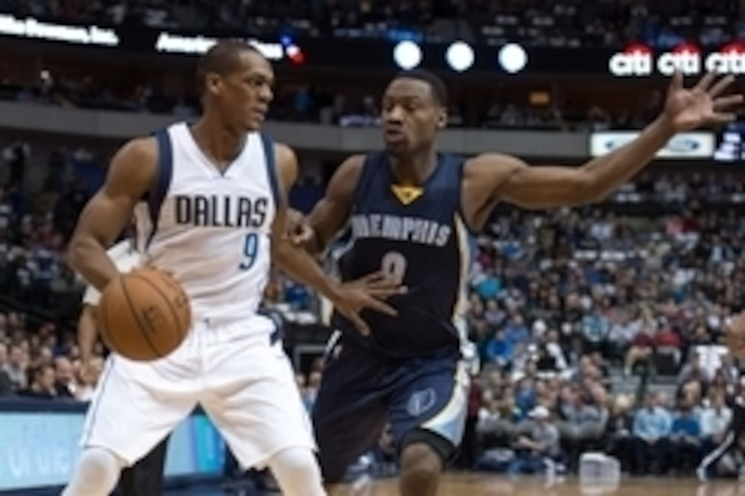 Mar 20, 2015; Dallas, TX, USA; Memphis Grizzlies forward Tony Allen (9) guards Dallas Mavericks guard Rajon Rondo (9) during the first quarter at the American Airlines Center. Mandatory Credit: Jerome Miron-USA TODAY Sports