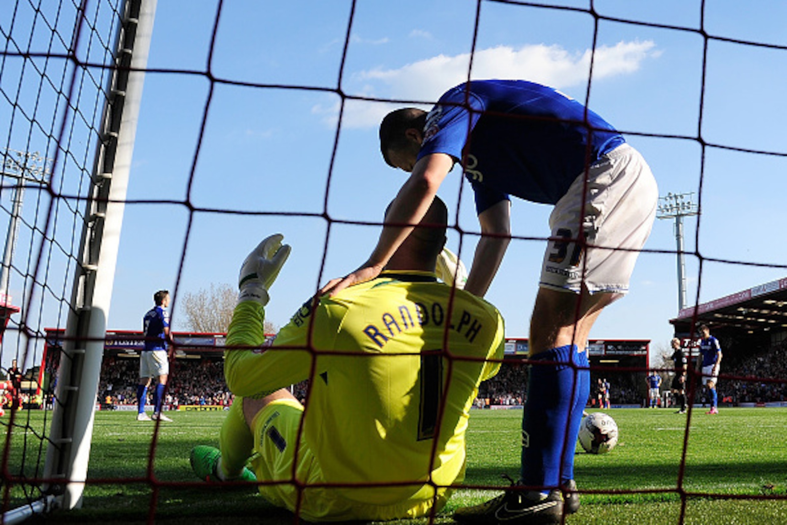 BOURNEMOUTH, ENGLAND - APRIL 06: Paul Caddis of Birmingham City consoles Darren Randolph of Birmingham City after they conceed a fourth goal during the Sky Bet Championship match between AFC Bournemouth and Birmingham City at Goldsands Stadium on April 6,