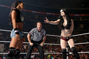 AJ Lee and Paige before their match at SummerSlam.