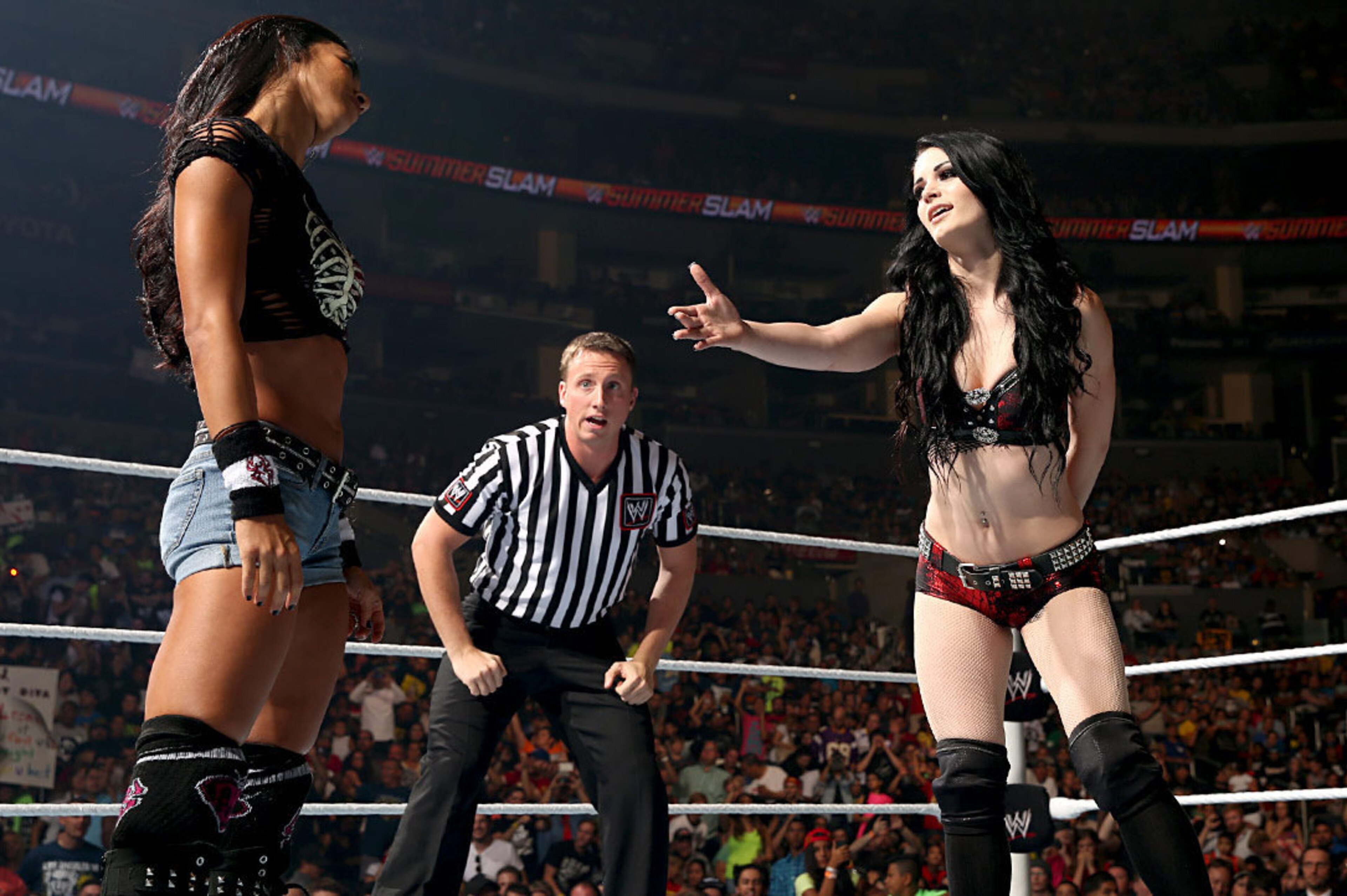 AJ Lee and Paige before their match at SummerSlam.