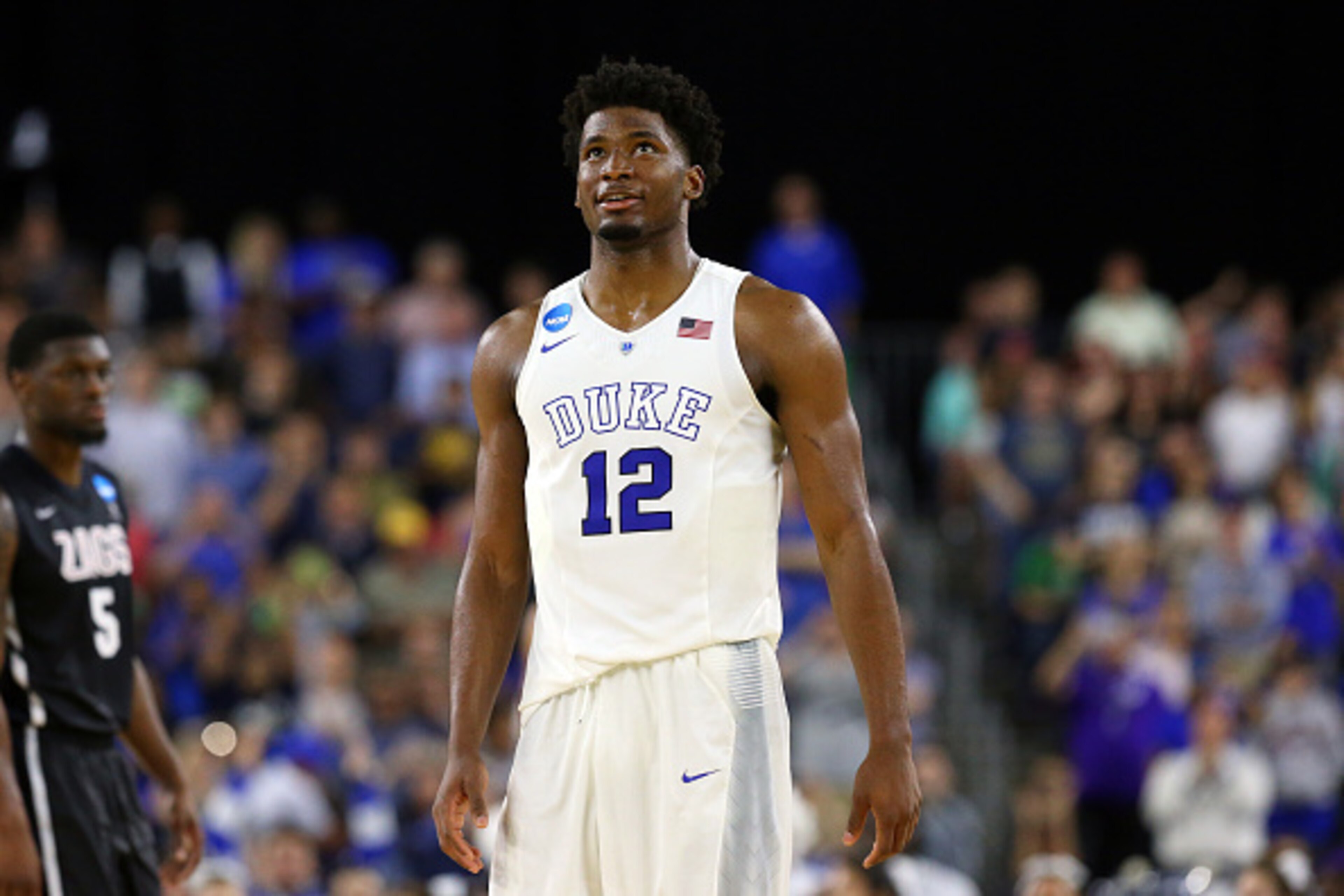 HOUSTON, TX - MARCH 29: Justise Winslow #12 of the Duke Blue Devils reacts in the closing minutes againts the Gonzaga Bulldogs during the South Regional Final of the 2015 NCAA Men's Basketball Tournament at NRG Stadium on March 29, 2015 in Houston, Texas.
