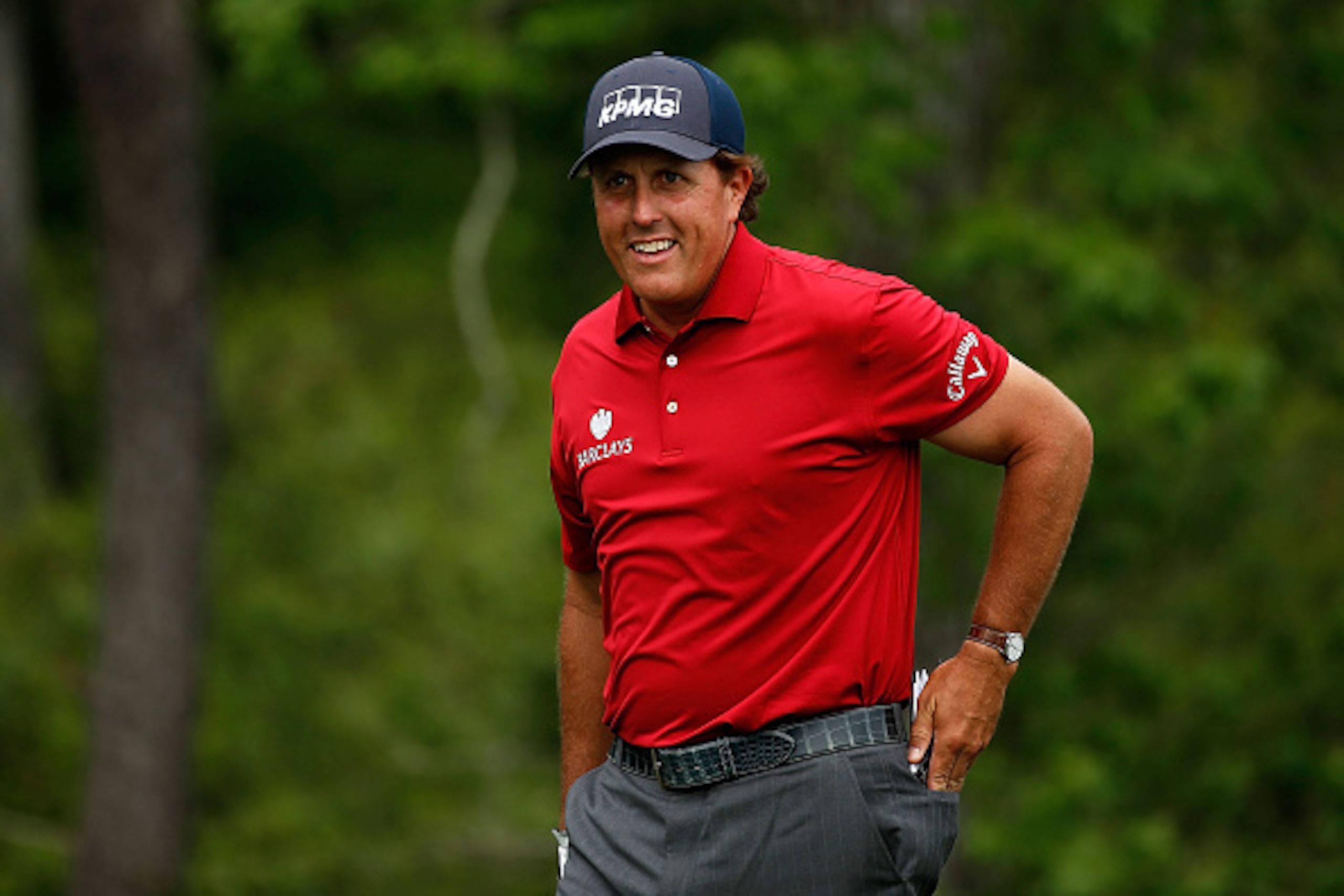 HUMBLE, TX - APRIL 04:  Phil Mickelson smiles as he walks on the thirteenth green during the third round of the Shell Houston Open at the Golf Club of Houston on April 4, 2015 in Humble, Texas.  (Photo by Scott Halleran/Getty Images)
