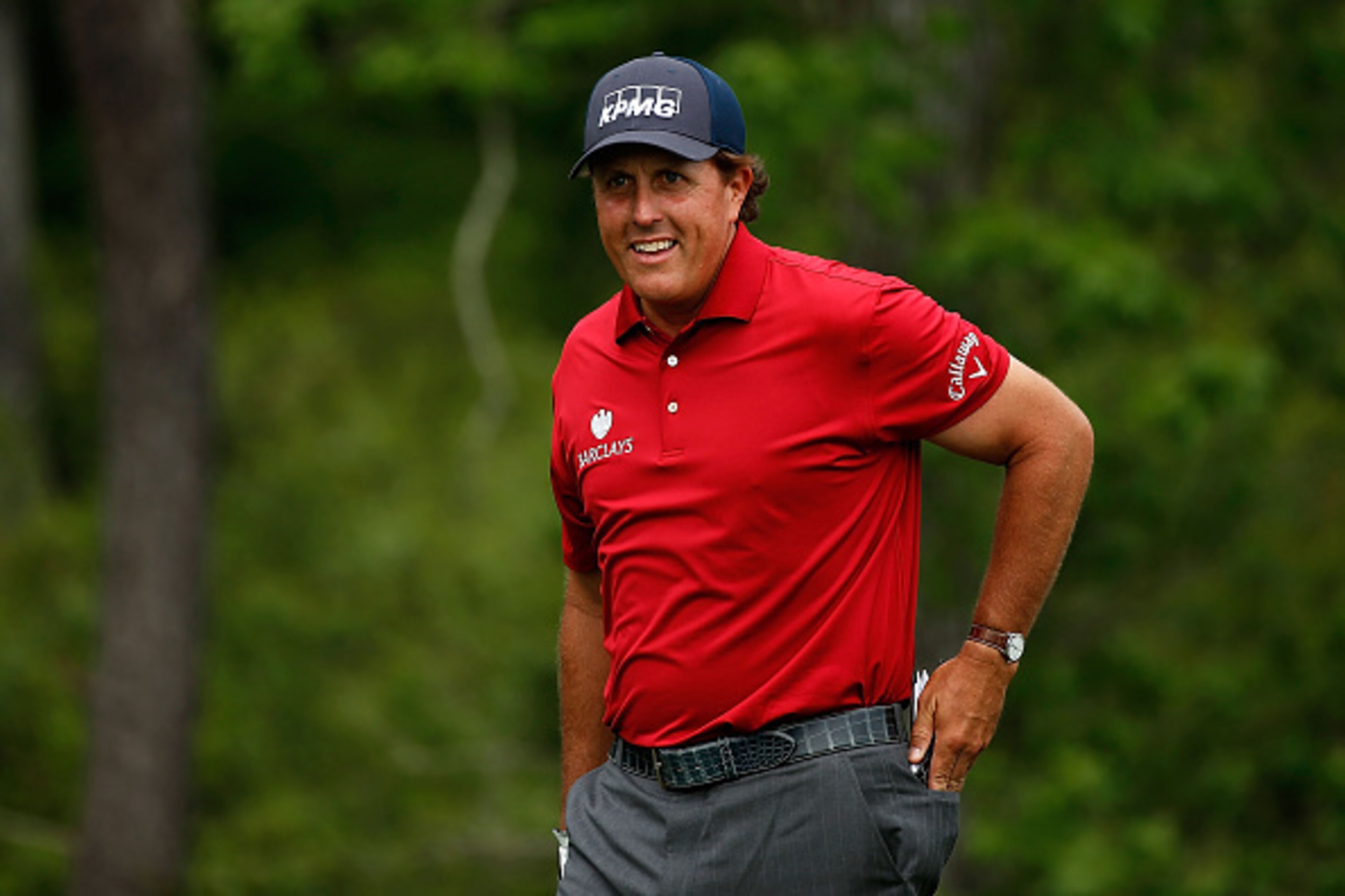HUMBLE, TX - APRIL 04:  Phil Mickelson smiles as he walks on the thirteenth green during the third round of the Shell Houston Open at the Golf Club of Houston on April 4, 2015 in Humble, Texas.  (Photo by Scott Halleran/Getty Images)