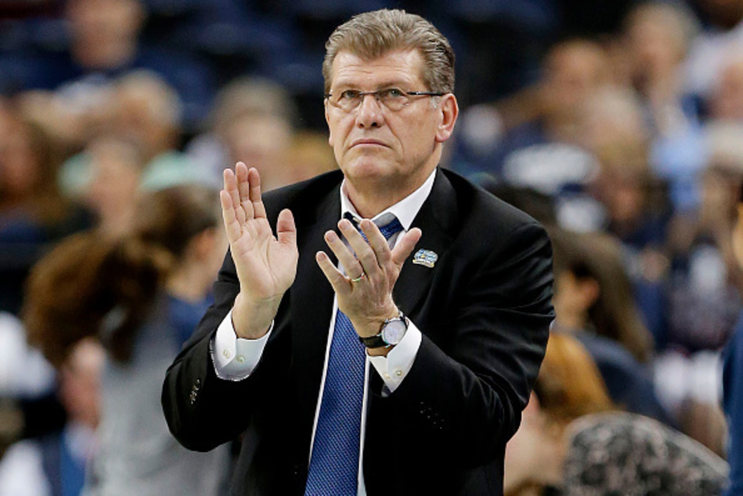 TAMPA, FL - APRIL 05:  Head coach Geno Auriemma of the Connecticut Huskies reacts in the second half against the Maryland Terrapins during the NCAA Women's Final Four Semifinal at Amalie Arena on April 5, 2015 in Tampa, Florida.  (Photo by Mike Carlson/Ge