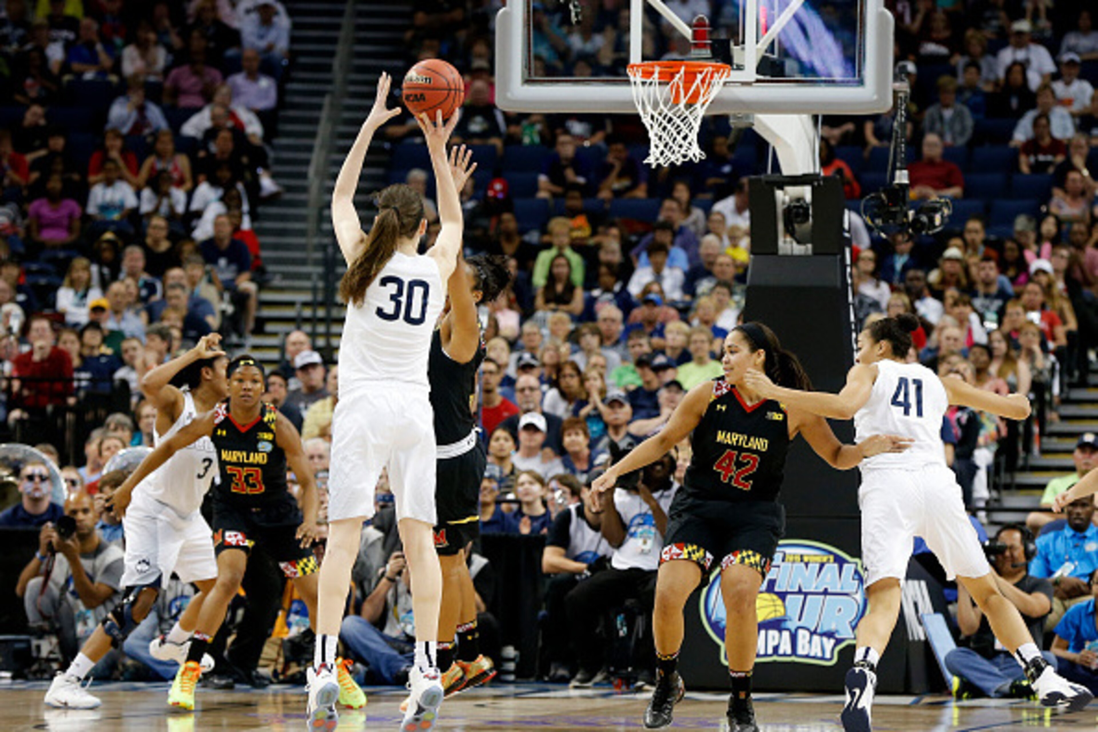 TAMPA, FL - APRIL 05:  Breanna Stewart #30 of the Connecticut Huskies shoots against the Maryland Terrapins in the second half during the NCAA Women's Final Four Semifinal at Amalie Arena on April 5, 2015 in Tampa, Florida.  (Photo by Mike Carlson/Getty I