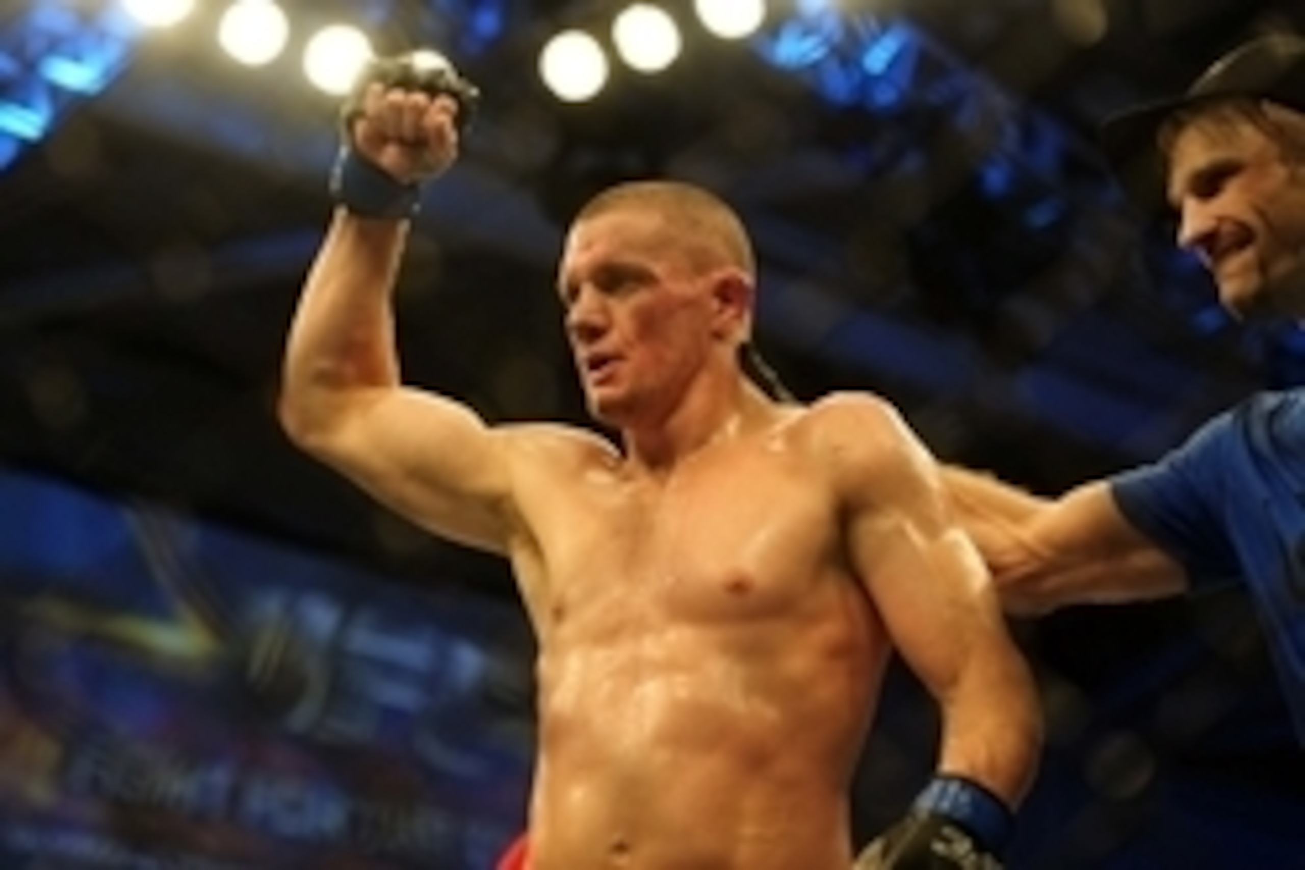 Nov 6, 2013; Fort Campbell, KY, USA; Seth Baczynski (blue gloves) reacts after his fight against Neil Magny in the welterweight bout during UFC Fight for the Troops at Fort Campbell. Mandatory Credit: Joshua Lindsey-USA TODAY Sports