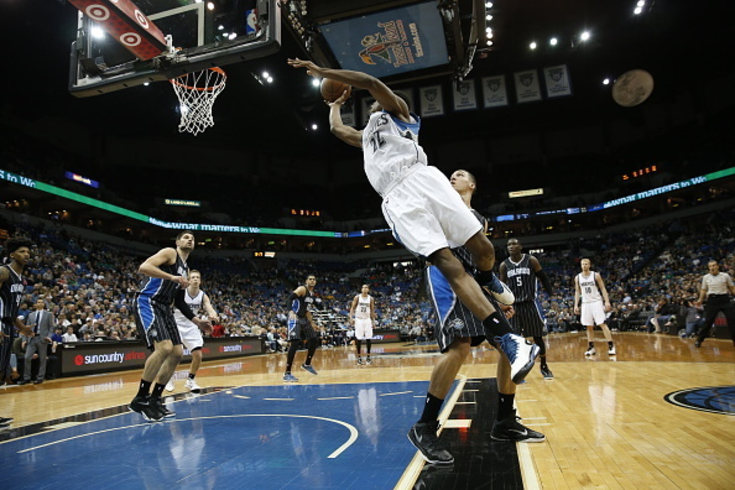 MINNEAPOLIS, MN - APRIL 3: Andrew Wiggins #22 of the Minnesota Timberwolves shoots against the Orlando Magic during the game on April 3, 2015 at American Airlines Center  in Minneapolis, Minnesota. NOTE TO USER: User expressly acknowledges and agrees that