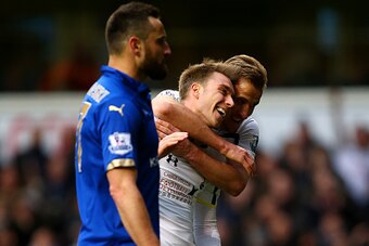 LONDON, ENGLAND - MARCH 21:  Christian Eriksen of Spurs anf Harry Kane of Spurs celebrate during the Barclays Premier League match between Tottenham Hotspur and Leicester City at White Hart Lane on March 21, 2015 in London, England.  (Photo by Clive Rose/