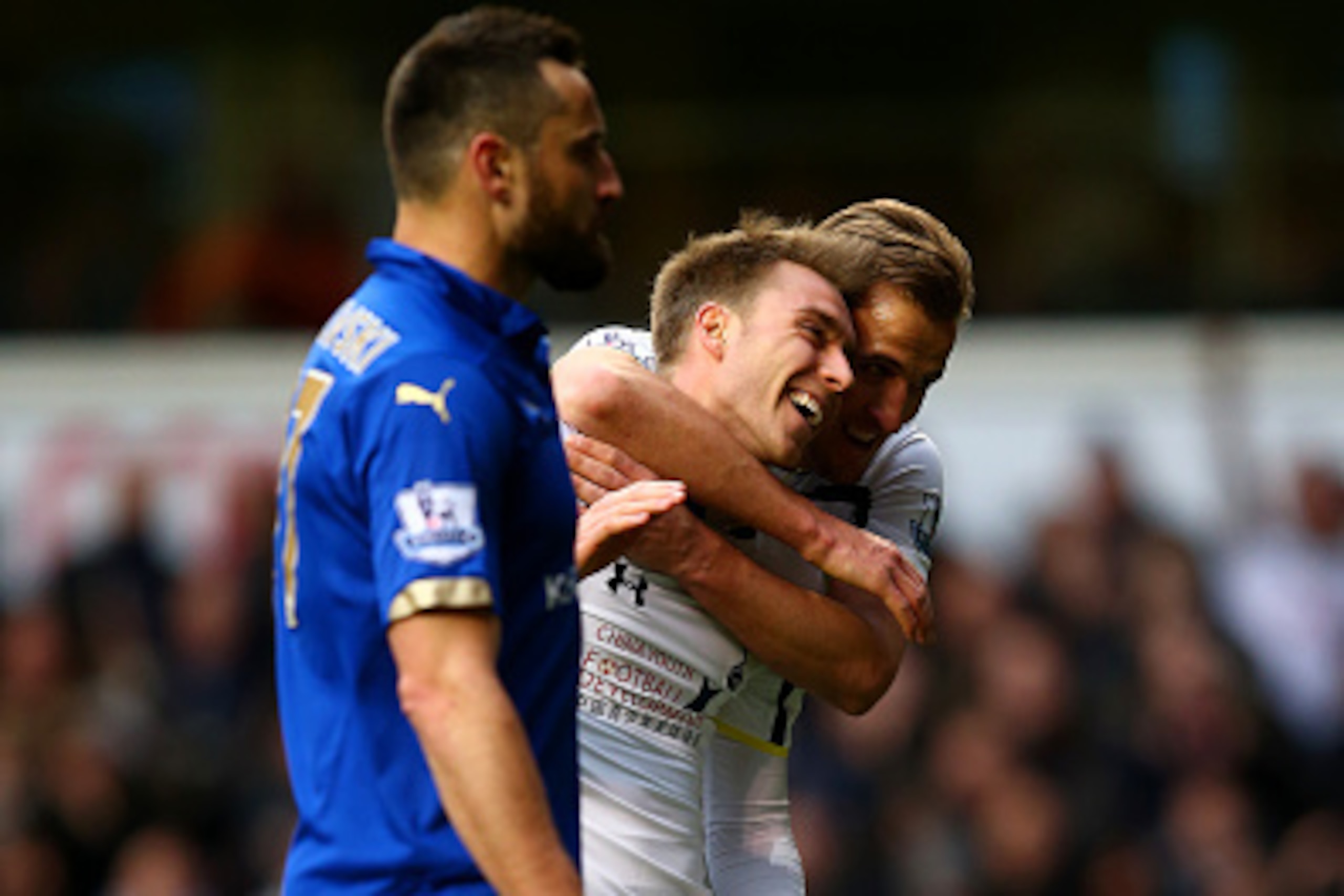 LONDON, ENGLAND - MARCH 21:  Christian Eriksen of Spurs anf Harry Kane of Spurs celebrate during the Barclays Premier League match between Tottenham Hotspur and Leicester City at White Hart Lane on March 21, 2015 in London, England.  (Photo by Clive Rose/