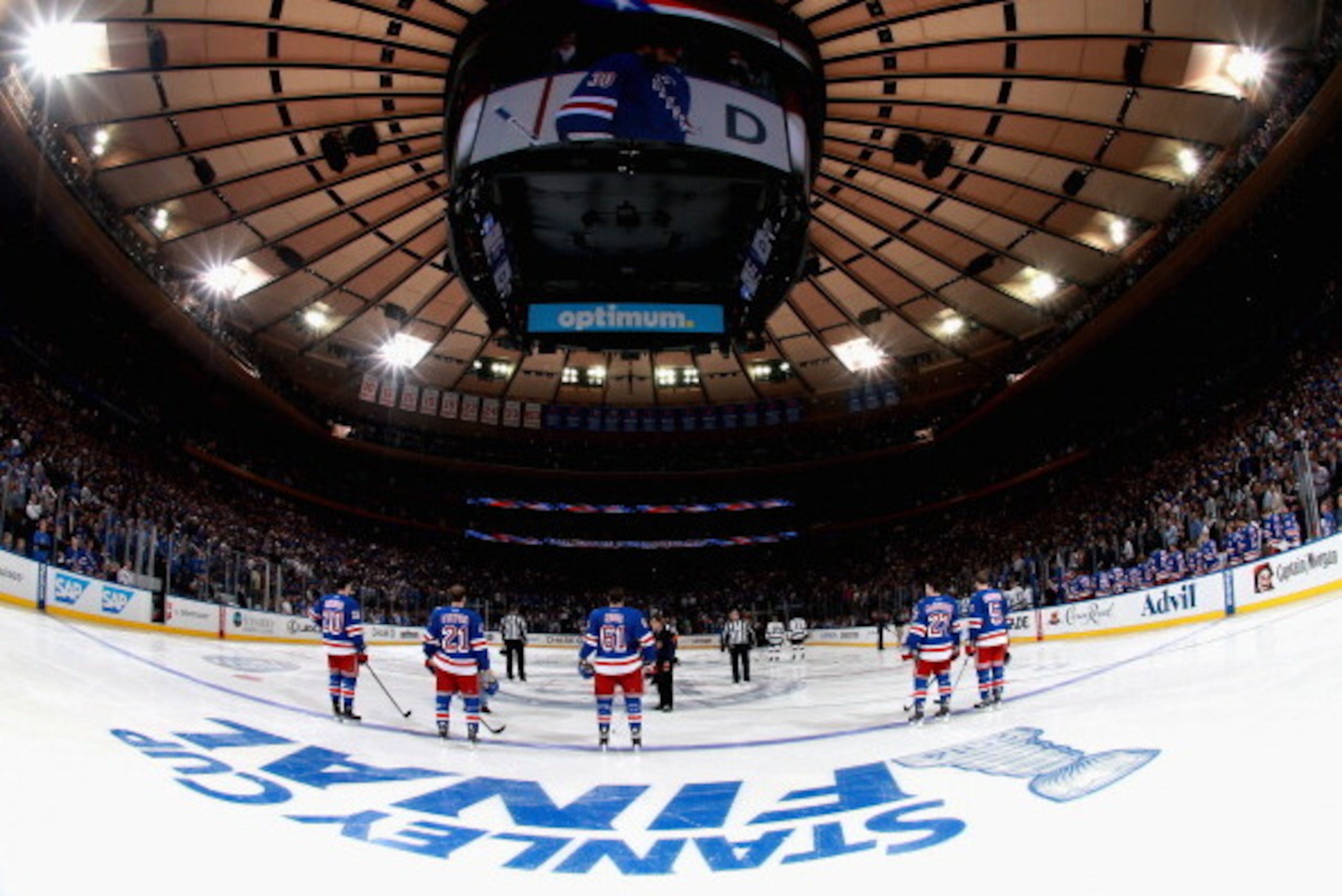 NEW YORK, NY - JUNE 09:  The New York Rangers stand on the ice before taking on the Los Angeles Kings in Game Three of the 2014 Stanley Cup Final at Madison Square Garden on June 9, 2014 in New York City.  (Photo by Dave Sandford/NHLI via Getty Images)