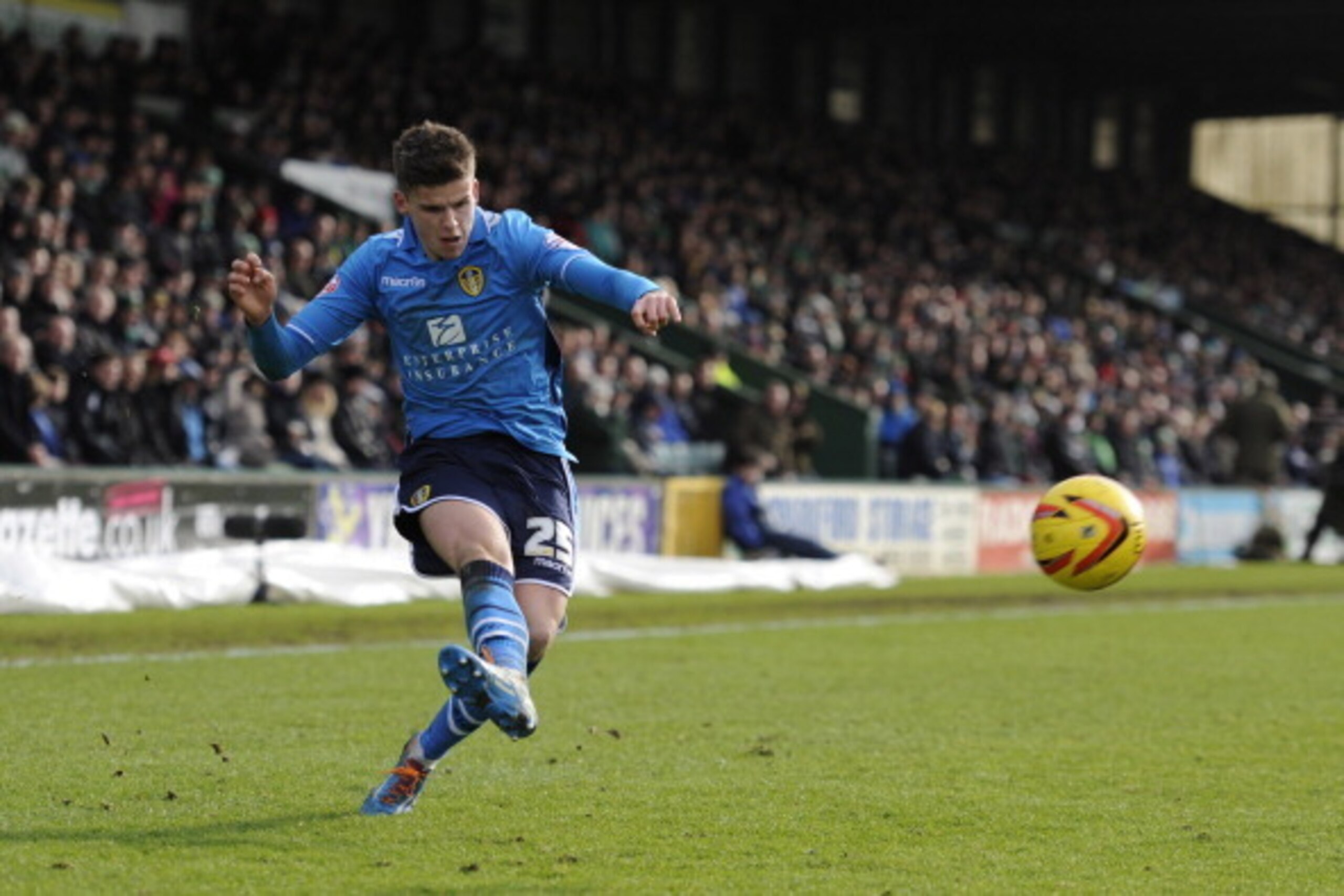 YEOVIL, ENGLAND - FEBRUARY 08: Sam Byram of Leeds United during the Sky Bet Championship match between Yeovil Town and Leeds United at Huish Park on February 08, 2014 in Yeovil, England. (Photo by Rob Munro/Getty Images)