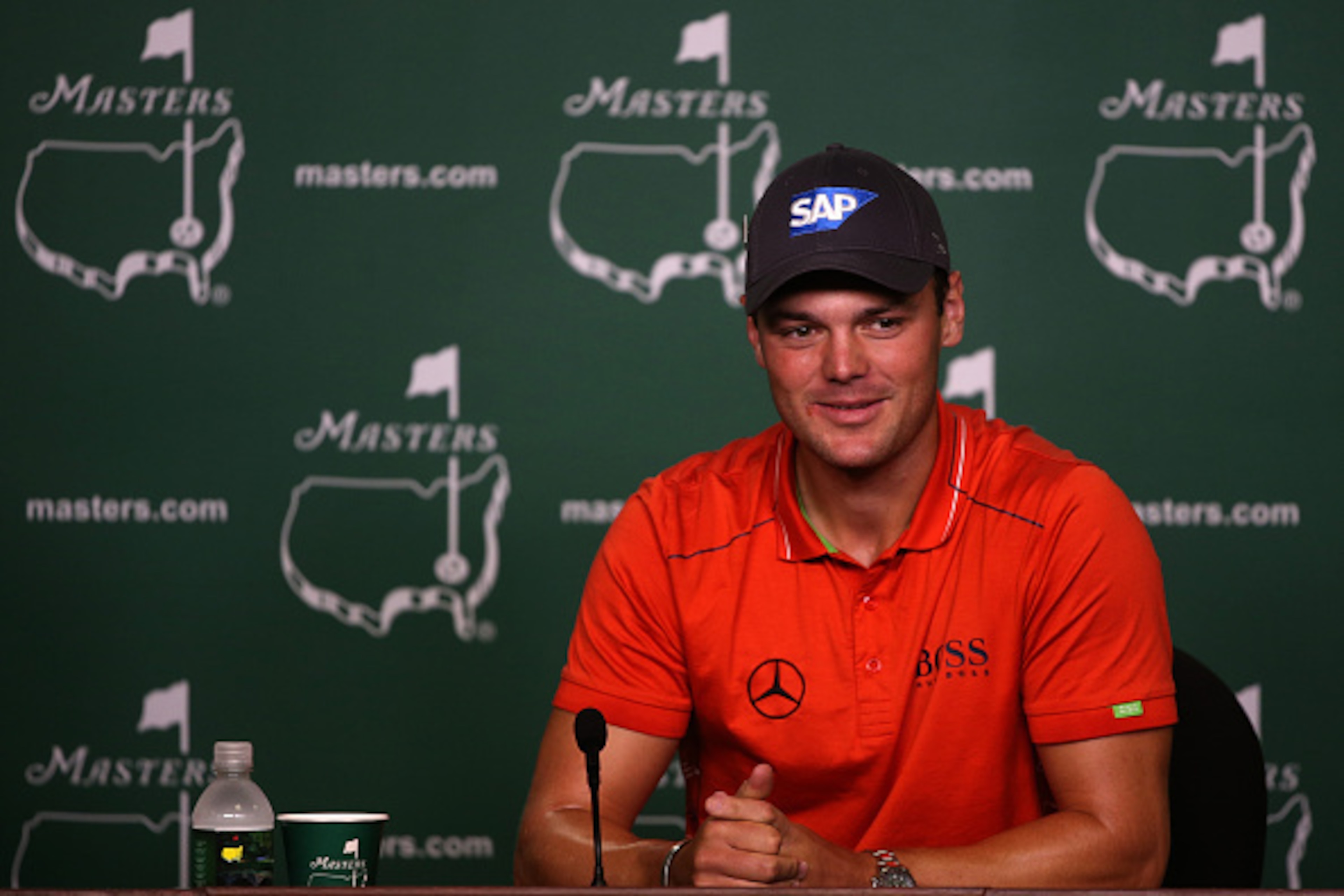 AUGUSTA, GA - APRIL 06:  Martin Kaymer of Germany is interviewed during a press conference after his practice round prior to the start of the 2015 Masters Tournament at Augusta National Golf Club on April 6, 2015 in Augusta, Georgia.  (Photo by Andrew Red