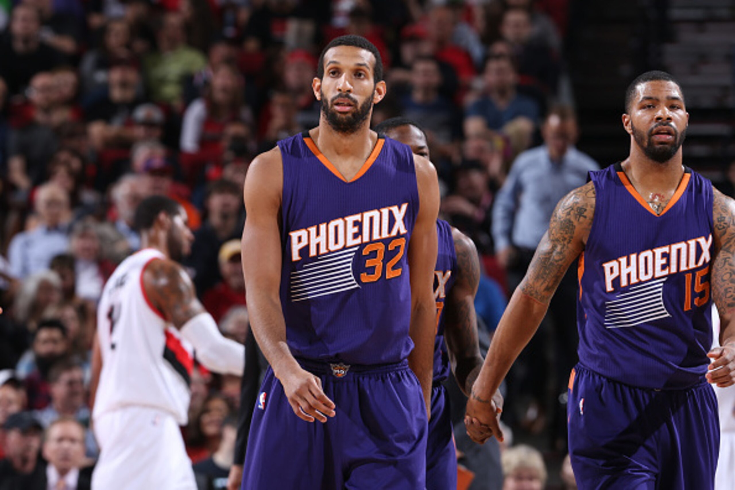 PORTLAND, OR - MARCH 30: Brandan Wright #32 of the Phoenix Suns stands on the court during a game against the Portland Trail Blazers on March 30, 2015 at the Moda Center Arena in Portland, Oregon. NOTE TO USER: User expressly acknowledges and agrees that,