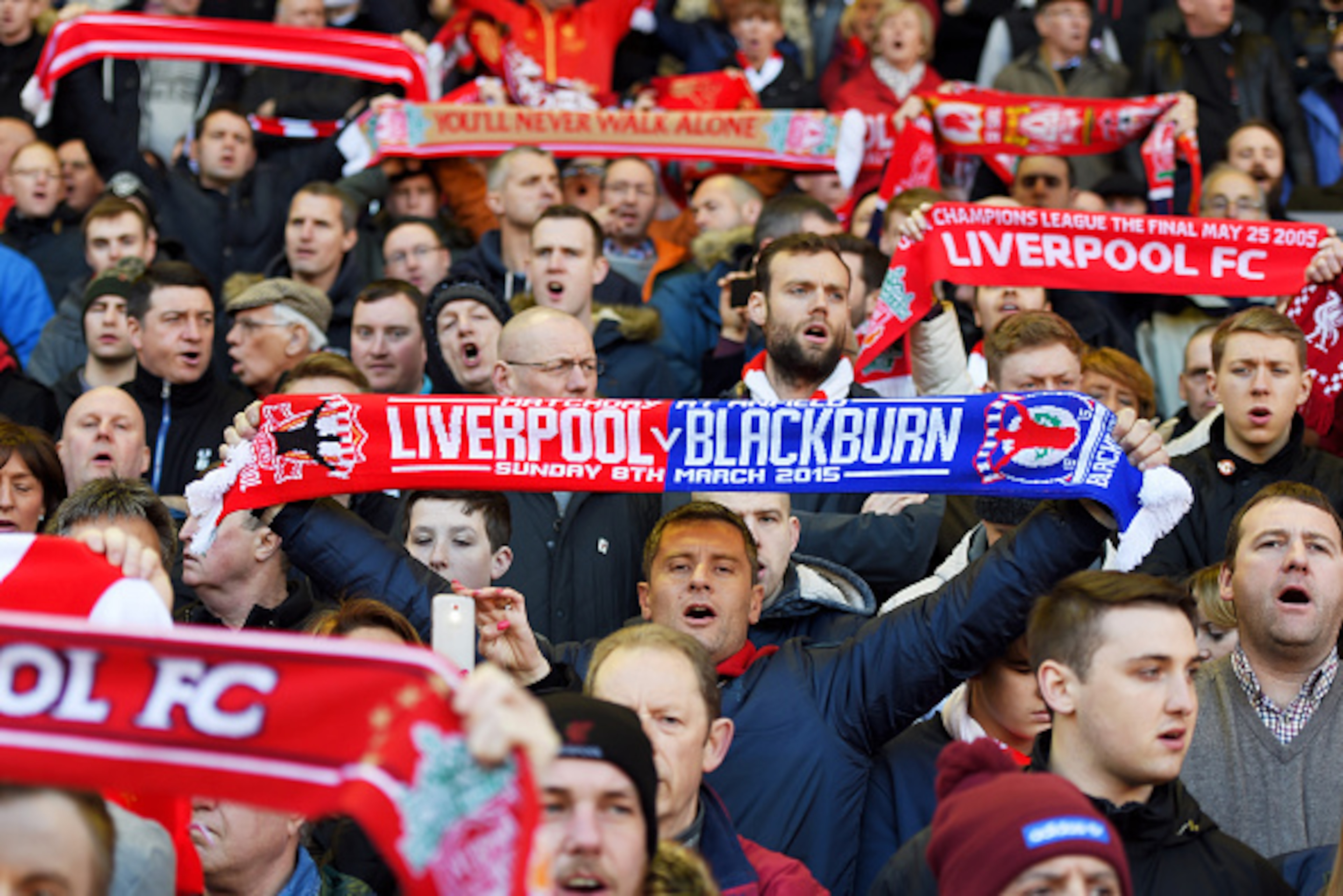 LIVERPOOL, ENGLAND - MARCH 08:  Liverpool fans cheer on their team during the FA Cup Quarter Final match between Liverpool and Blackburn Rovers at Anfield on March 8, 2015 in Liverpool, England.  (Photo by Michael Regan/Getty Images)