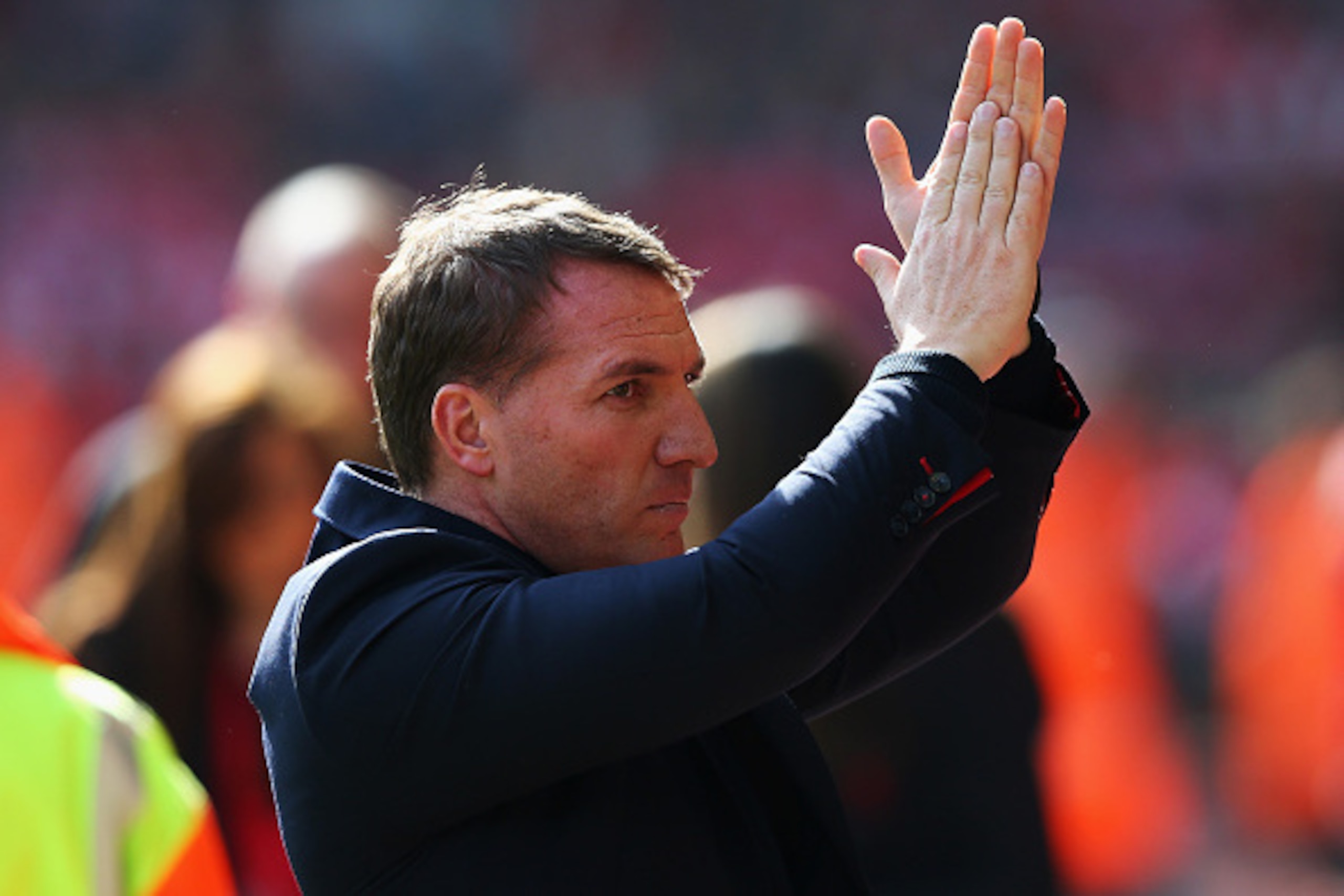LIVERPOOL, ENGLAND - MARCH 22:  Brendan Rodgers, manager of Liverpool applauds the fans during the Barclays Premier League match between Liverpool and Manchester United at Anfield on March 22, 2015 in Liverpool, England.  (Photo by Alex Livesey/Getty Imag