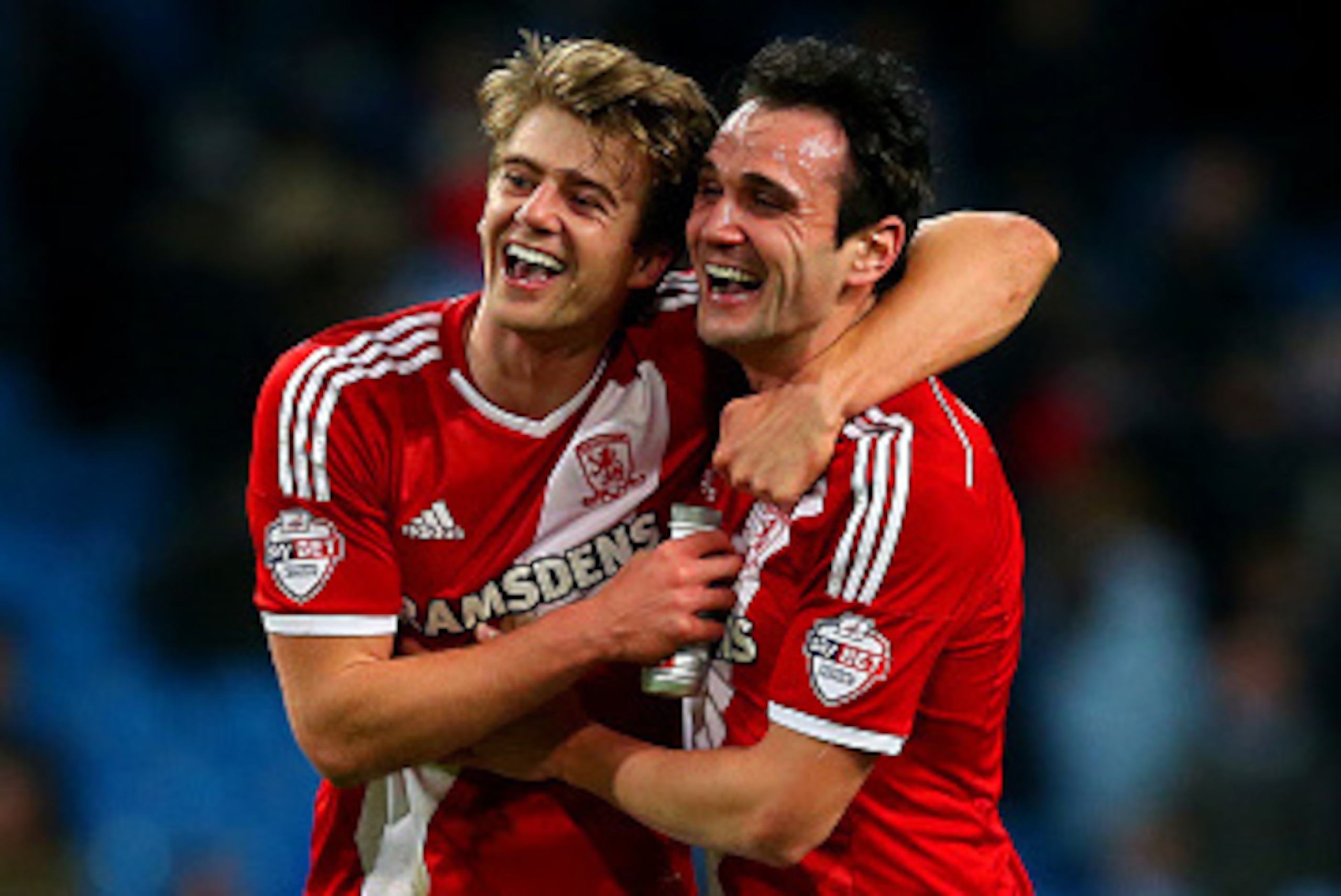 MANCHESTER, ENGLAND - JANUARY 24: Goalscorers Patrick Bamford and Garcia Kike of Middlesbrough celebrate after the FA Cup Fourth Round match between Manchester City and Middlesbrough at Etihad Stadium on January 24, 2015 in Manchester, England. (Photo b MANCHESTER, ENGLAND - JANUARY 24: Goalscorers Patrick Bamford and Garcia Kike of Middlesbrough celebrate after the FA Cup Fourth Round match between Manchester City and Middlesbrough at Etihad Stadium on January 24, 2015 in Manchester, England. (Photo b