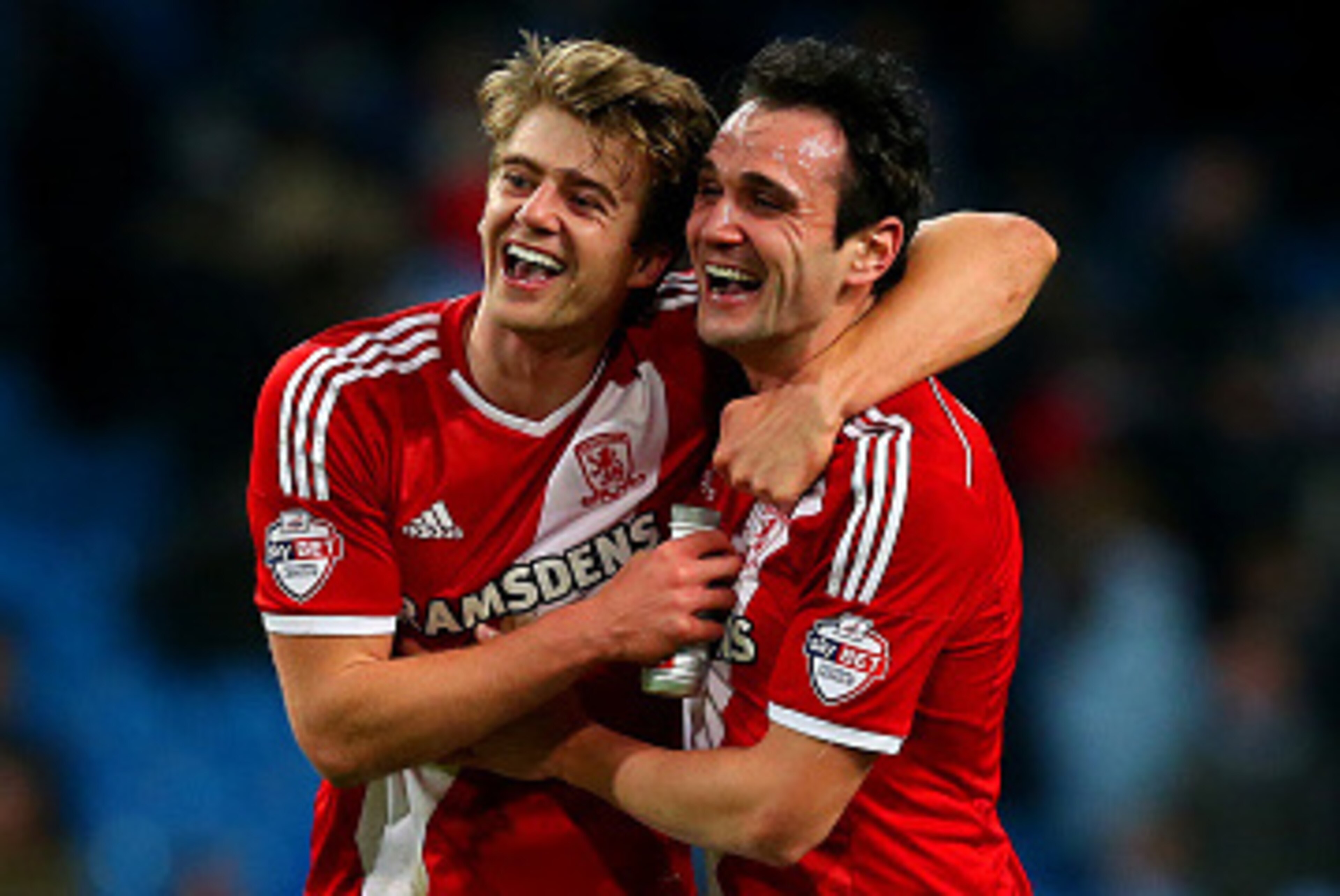 MANCHESTER, ENGLAND - JANUARY 24:  Goalscorers Patrick Bamford and Garcia Kike of Middlesbrough celebrate after the FA Cup Fourth Round match between Manchester City and Middlesbrough at Etihad Stadium on January 24, 2015 in Manchester, England.  (Photo b