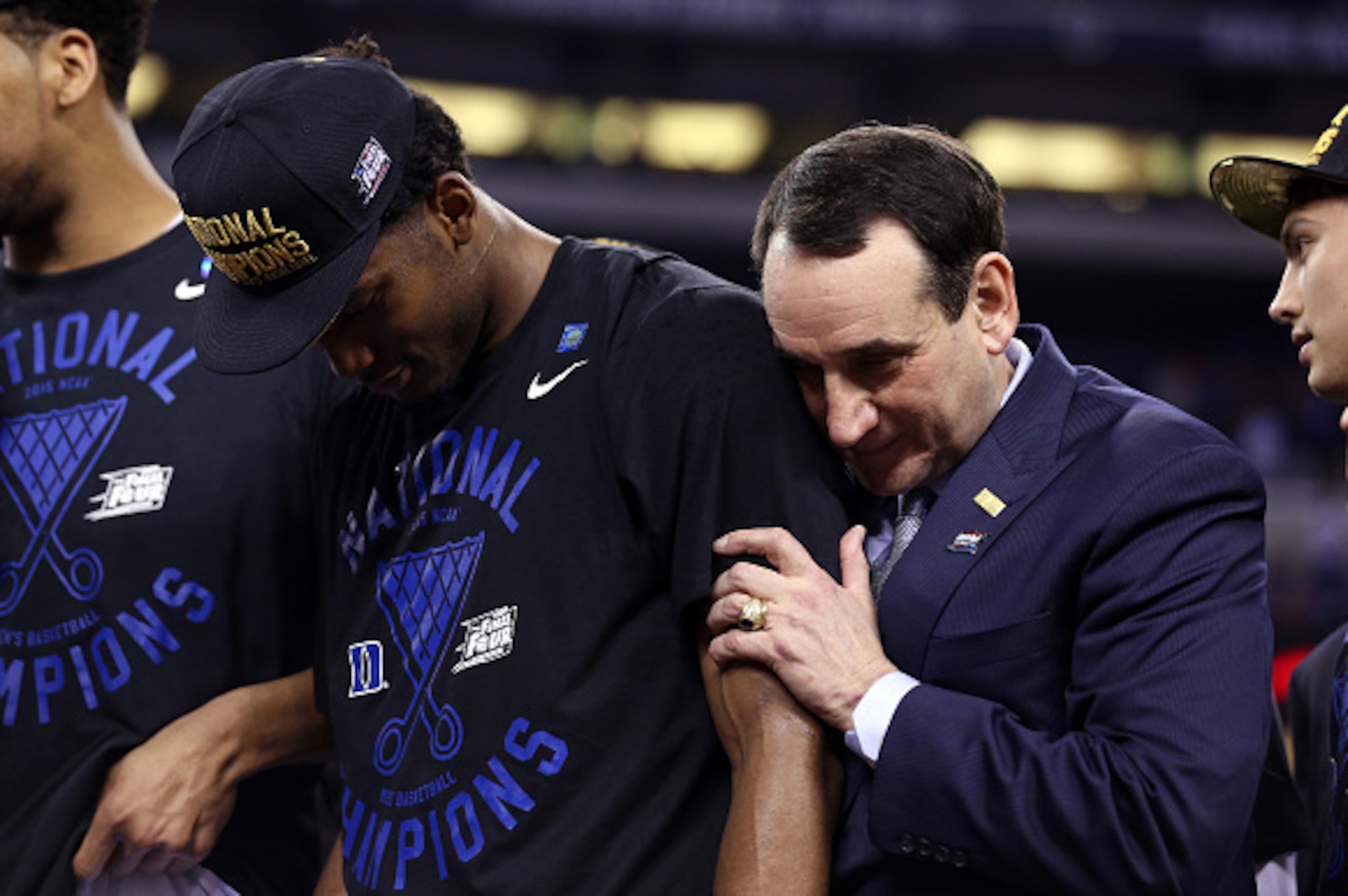 INDIANAPOLIS, IN - APRIL 06: Head coach Mike Krzyzewski of the Duke Blue Devils celebrates with Justise Winslow #12 after defeating the Wisconsin Badgers during the NCAA Men's Final Four National Championship at Lucas Oil Stadium on April 6, 2015 in India
