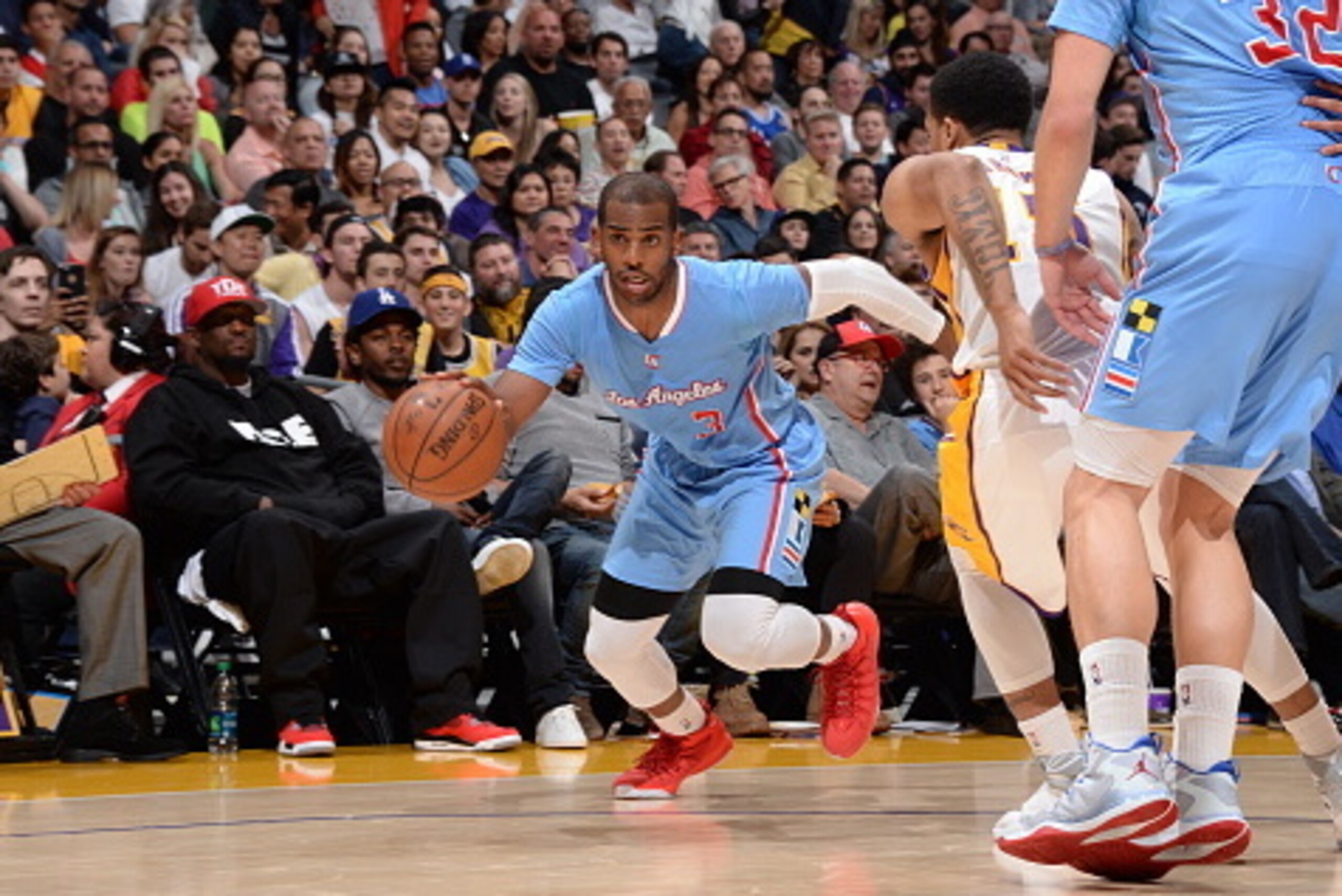 LOS ANGELES, CA - APRIL 5:  Chris Paul #3 of the Los Angeles Clippers drives to the basket against the Los Angeles Lakers on April 5, 2015 at Staples Center in Los Angeles, California. NOTE TO USER: User expressly acknowledges and agrees that, by download
