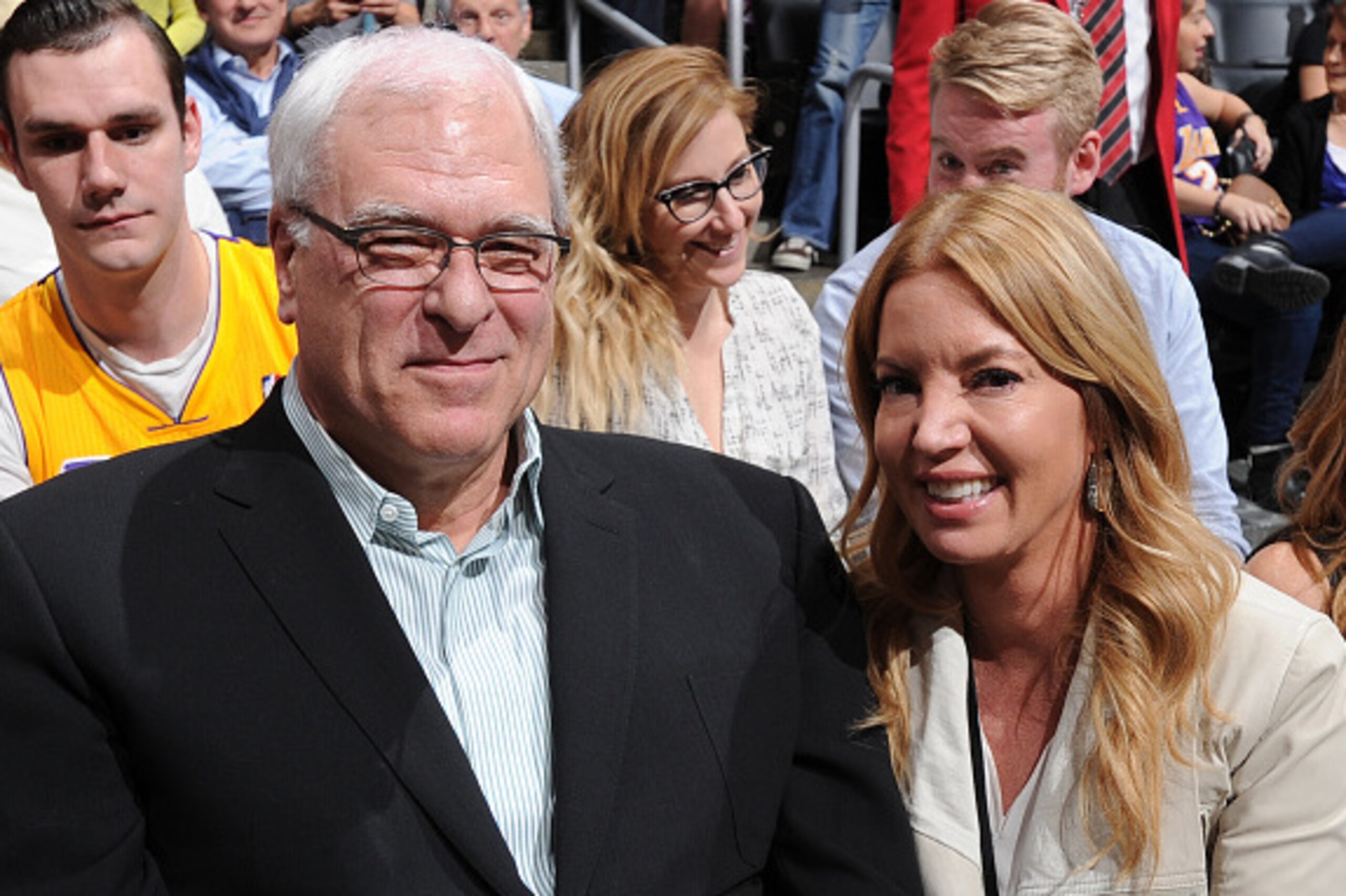 LOS ANGELES, CA - MARCH 12: Phil Jackson, President of the New York Knicks and Jeanie Buss, President of the Los Angeles Lakers pose for a photo at STAPLES Center on March 12, 2015 in Los Angeles, California. NOTE TO USER: User expressly acknowledges and 