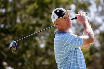 SAN ANTONIO, TX - MARCH 27:  Jim Furyk tees off on the 12th hole during round two of the Valero Texas Open at TPC San Antonio AT&T Oaks Course on March 27, 2015 in San Antonio, Texas.  (Photo by Christian Petersen/Getty Images)