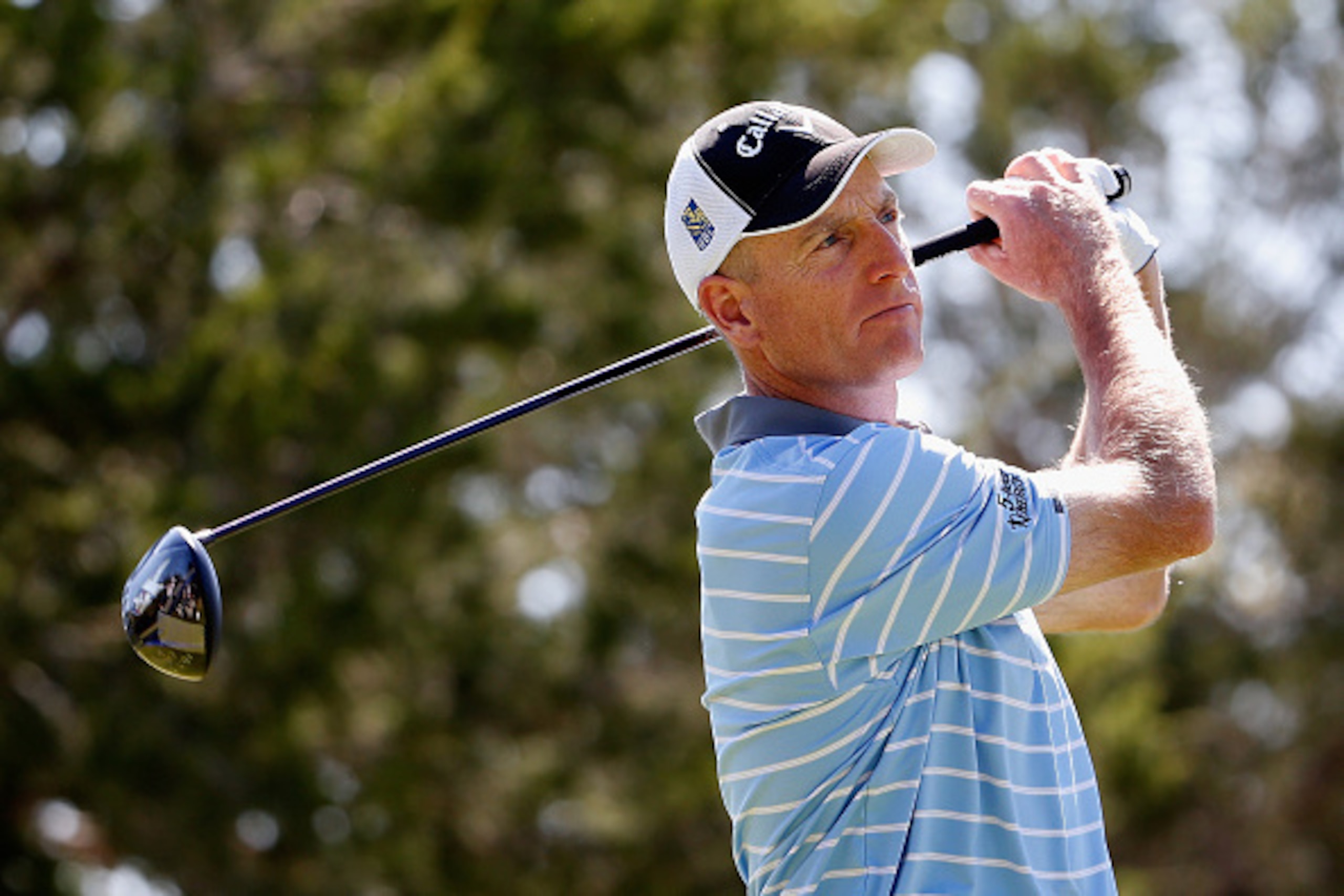 SAN ANTONIO, TX - MARCH 27:  Jim Furyk tees off on the 12th hole during round two of the Valero Texas Open at TPC San Antonio AT&T Oaks Course on March 27, 2015 in San Antonio, Texas.  (Photo by Christian Petersen/Getty Images)