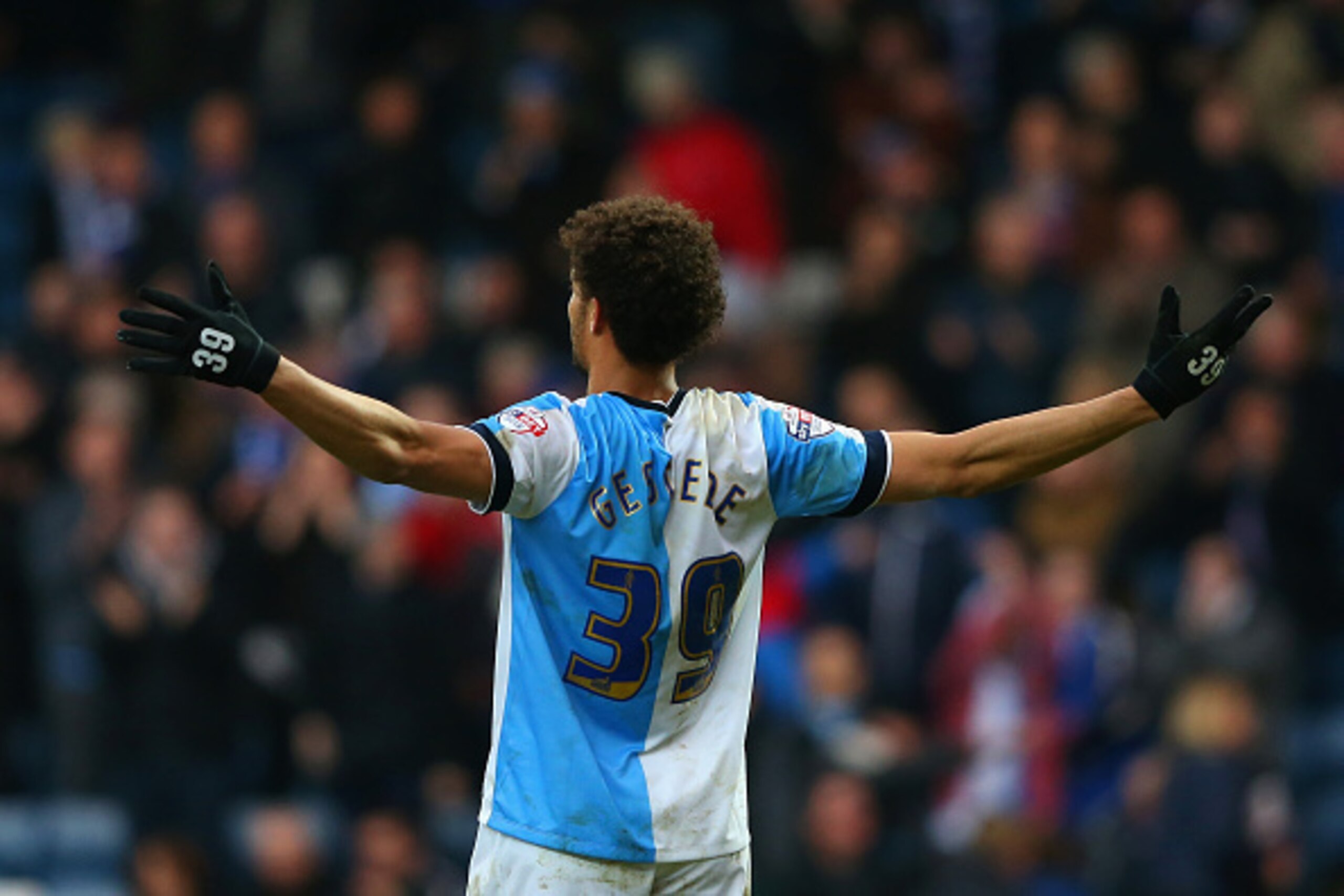 BLACKBURN, ENGLAND - FEBRUARY 14:  Rudy Gestede of Blackburn celebrates scoring their second goal from the penalty spot during the FA Cup Fifth Round match between Blackburn Rovers and Stoke City at Ewood park on February 14, 2015 in Blackburn, England.  