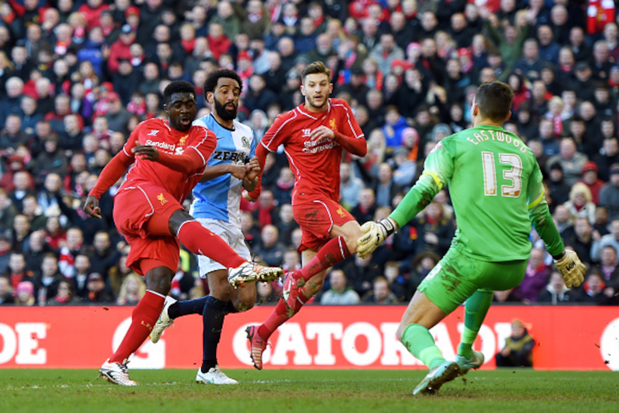 LIVERPOOL, ENGLAND - MARCH 08:  Kolo Toure of Liverpool puts the ball into the Blackburn goal, but is disallowed for offside during the FA Cup Quarter Final match between Liverpool and Blackburn Rovers at Anfield on March 8, 2015 in Liverpool, England.  (