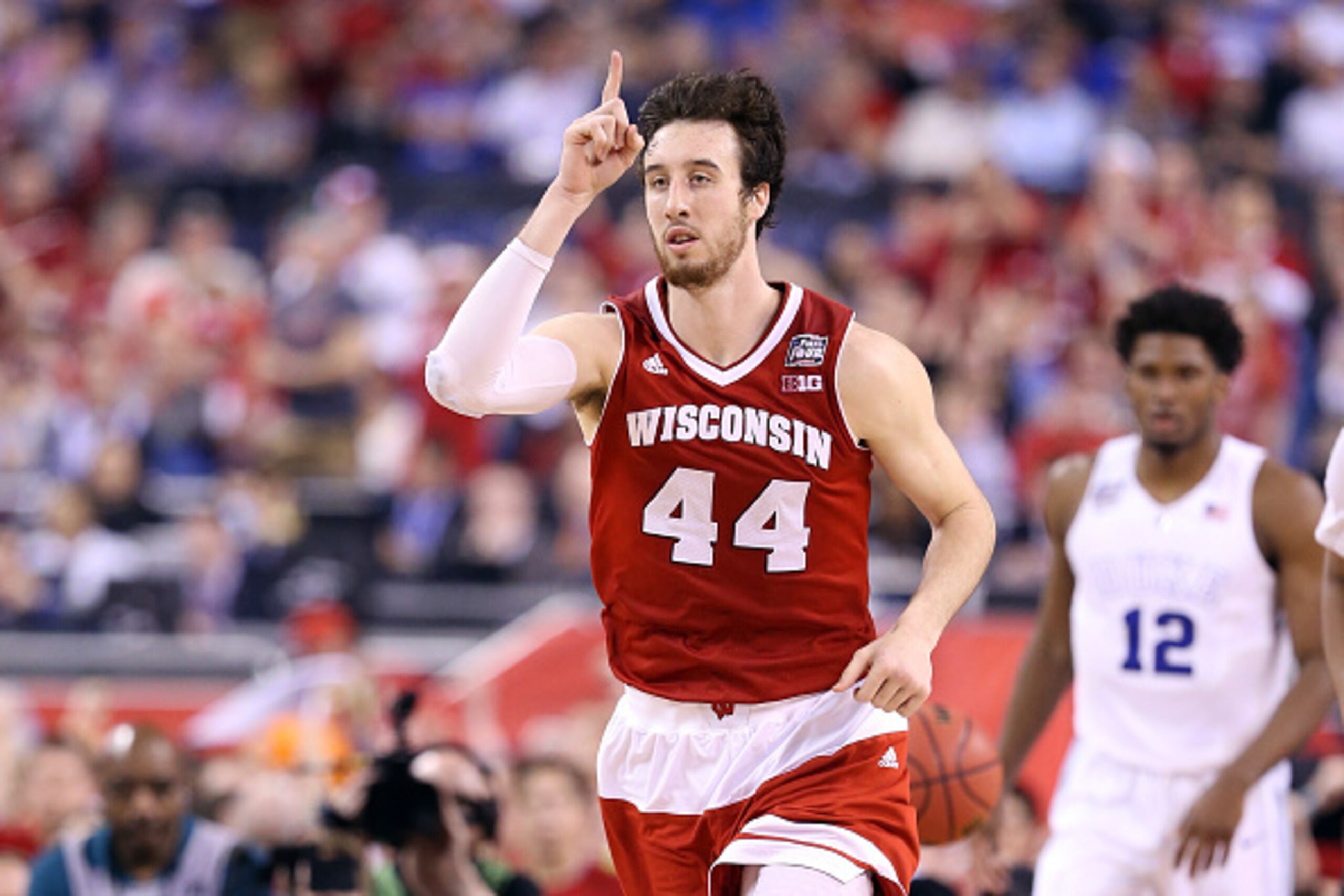 INDIANAPOLIS, IN - APRIL 06: Frank Kaminsky #44 of the Wisconsin Badgers reacts after a play in the second half against the Duke Blue Devils during the NCAA Men's Final Four National Championship at Lucas Oil Stadium on April 6, 2015 in Indianapolis, Indi