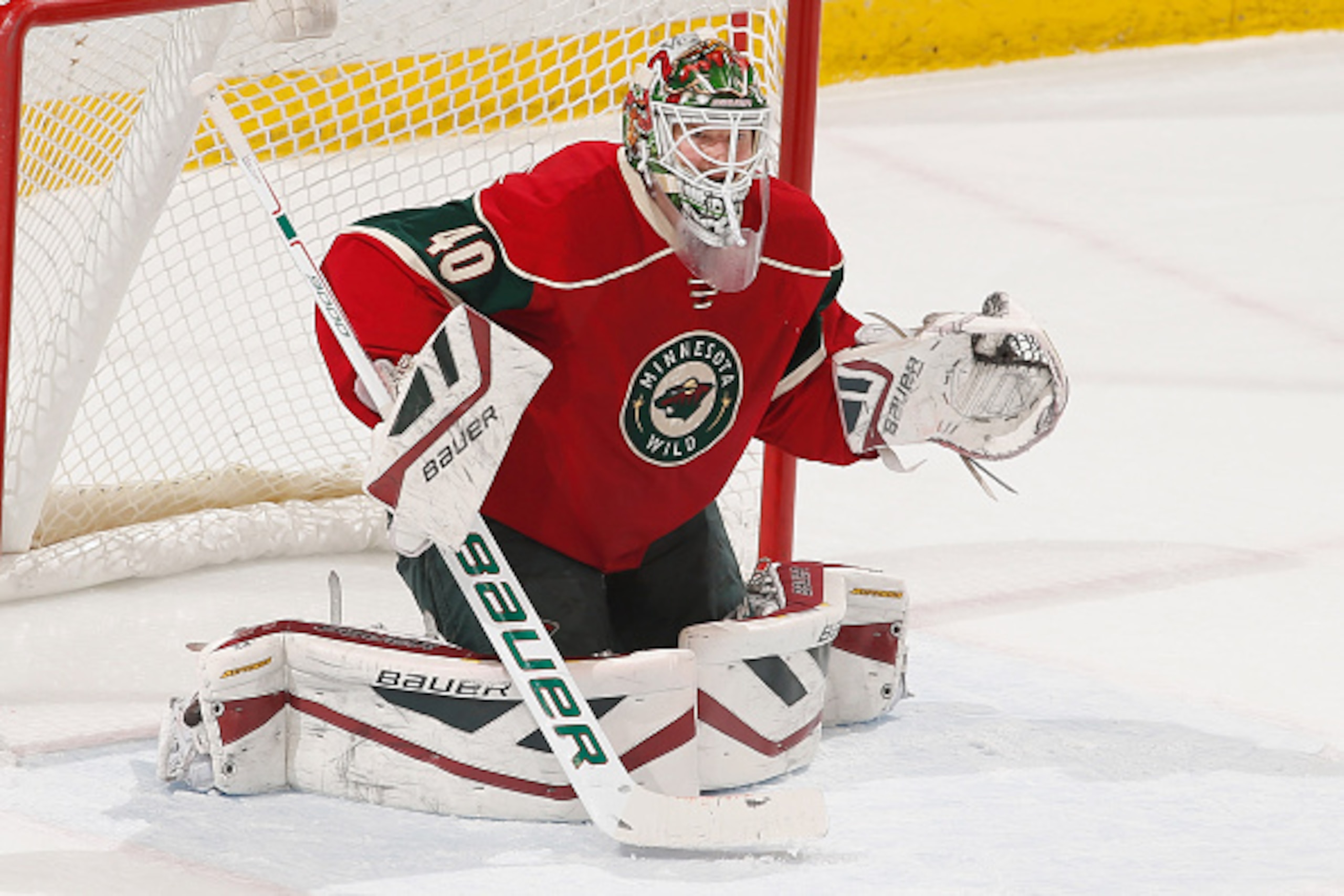 ST. PAUL, MN - APRIL 2: Devan Dubnyk #40 of the Minnesota Wild defends his goal against the New York Rangers during the game on April 2, 2015 at the Xcel Energy Center in St. Paul, Minnesota. (Photo by Bruce Kluckhohn/NHLI via Getty Images)