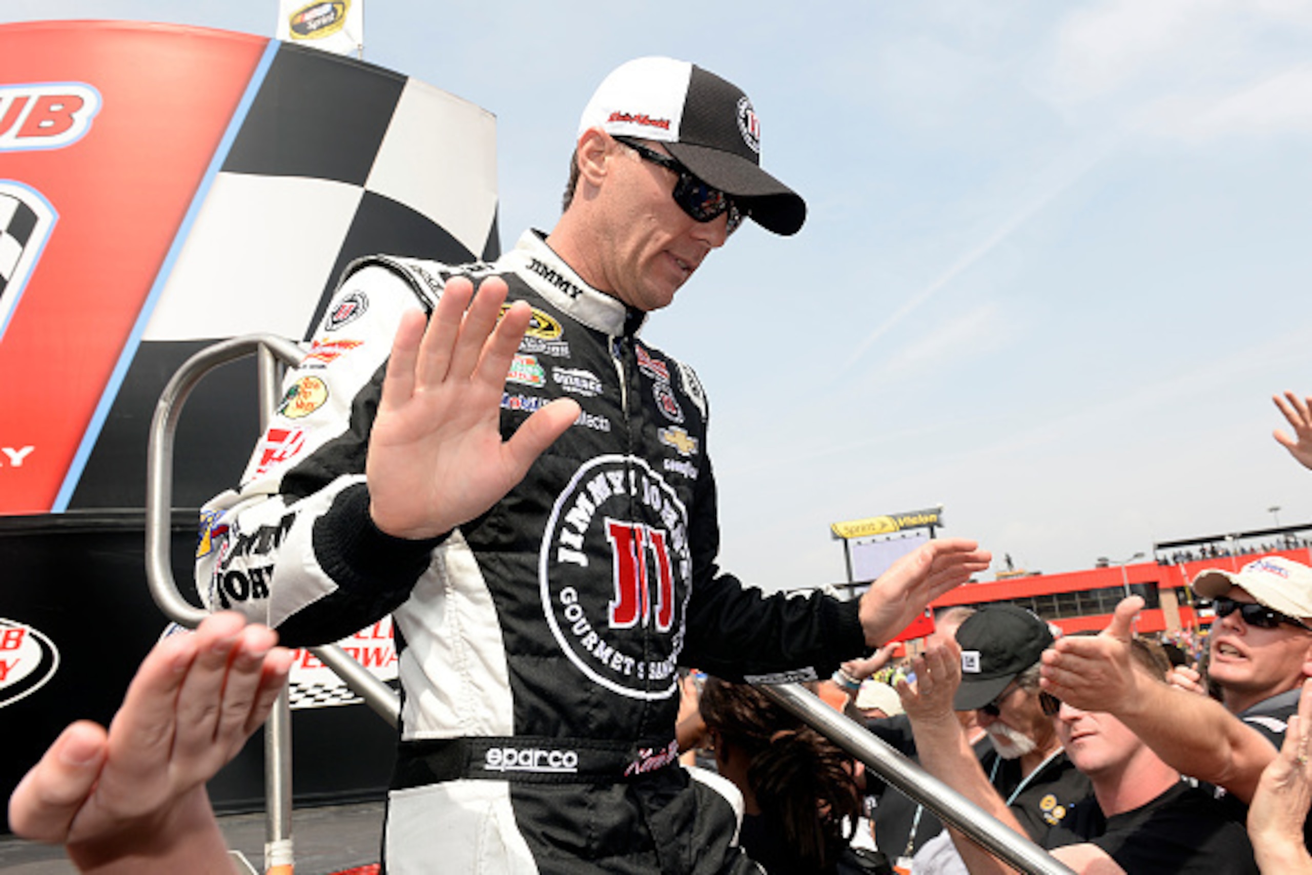 FONTANA, CA - MARCH 22:  Kevin Harvick, driver of the #4 Jimmy John's/Budweiser Chevrolet, is introduced on stage prior to the NASCAR Sprint Cup Series Auto Club 400 at Auto Club Speedway on March 22, 2015 in Fontana, California.  (Photo by Harry How/Gett