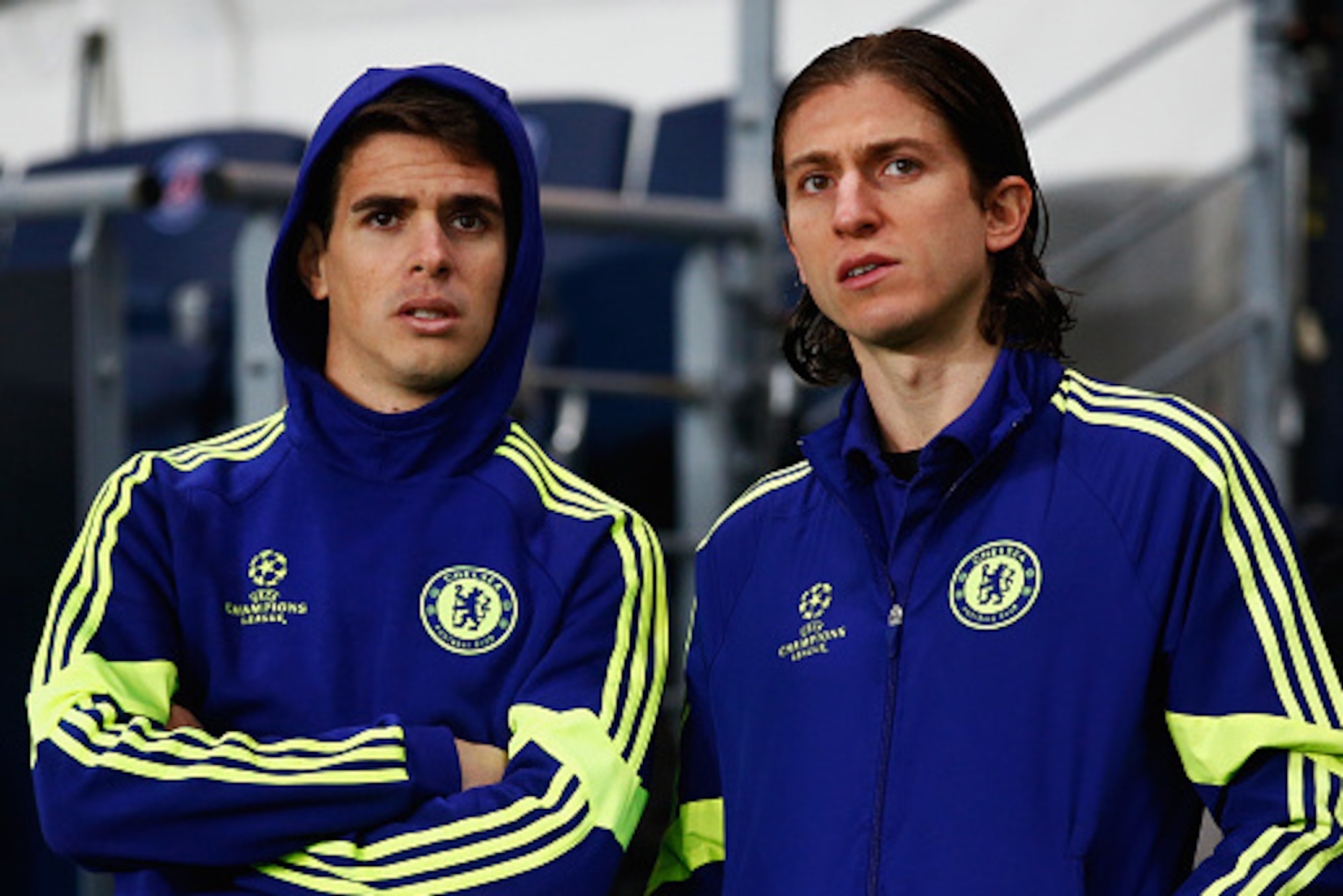 PARIS, FRANCE - FEBRUARY 17: Oscar (L) and Filipe Luis of Chelsea look on prior to the UEFA Champions League Round of 16 match between Paris Saint-Germain and Chelsea at Parc des Princes on February 17, 2015 in Paris, France. (Photo by Clive Rose/Getty PARIS, FRANCE - FEBRUARY 17: Oscar (L) and Filipe Luis of Chelsea look on prior to the UEFA Champions League Round of 16 match between Paris Saint-Germain and Chelsea at Parc des Princes on February 17, 2015 in Paris, France. (Photo by Clive Rose/Getty
