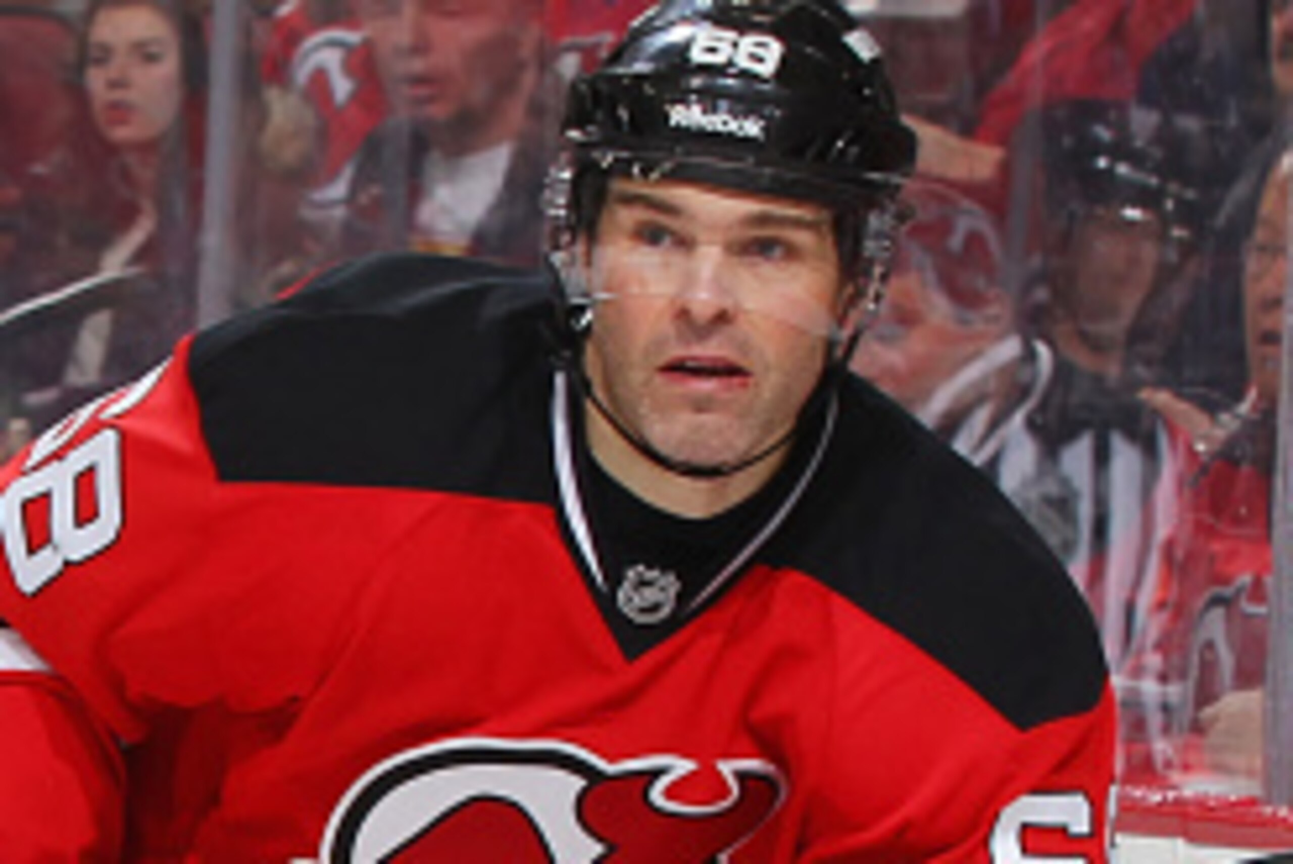 NEWARK, NJ - FEBRUARY 21: Jaromir Jagr #68 of the New Jersey Devils skates during the game against the Carolina Hurricanes at the Prudential Center on February 21, 2015 in Newark, New Jersey. (Photo by Andy Marlin/NHLI via Getty Images)