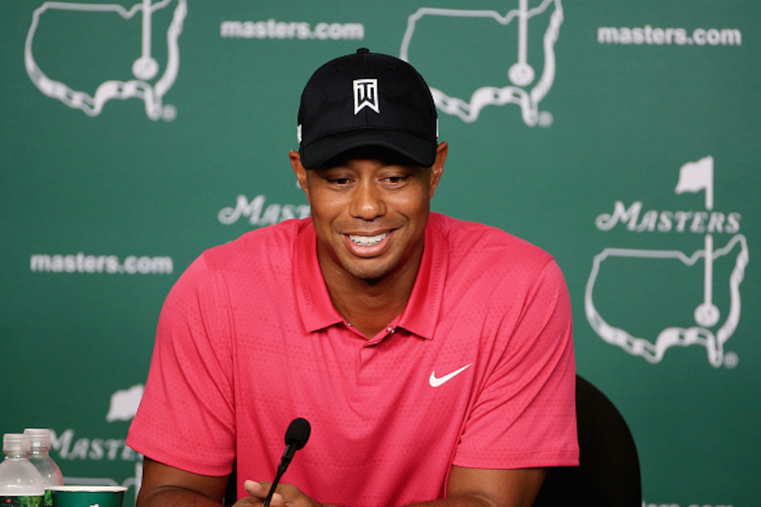AUGUSTA, GA - APRIL 07:  Tiger Woods of the United States speaks to the media during a practice round prior to the start of the 2015 Masters Tournament at Augusta National Golf Club on April 7, 2015 in Augusta, Georgia.  (Photo by David Cannon/Getty Image